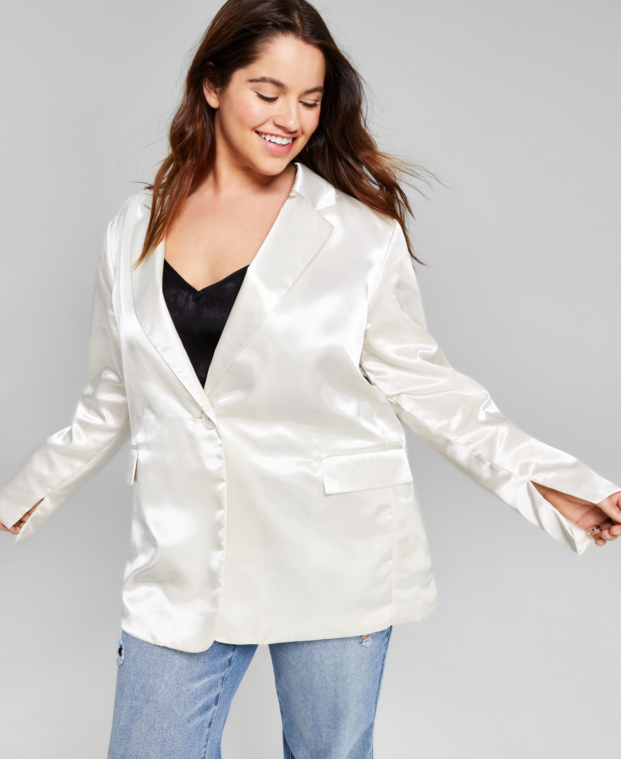 Trendy Plus Size One-Button Satin Blazer