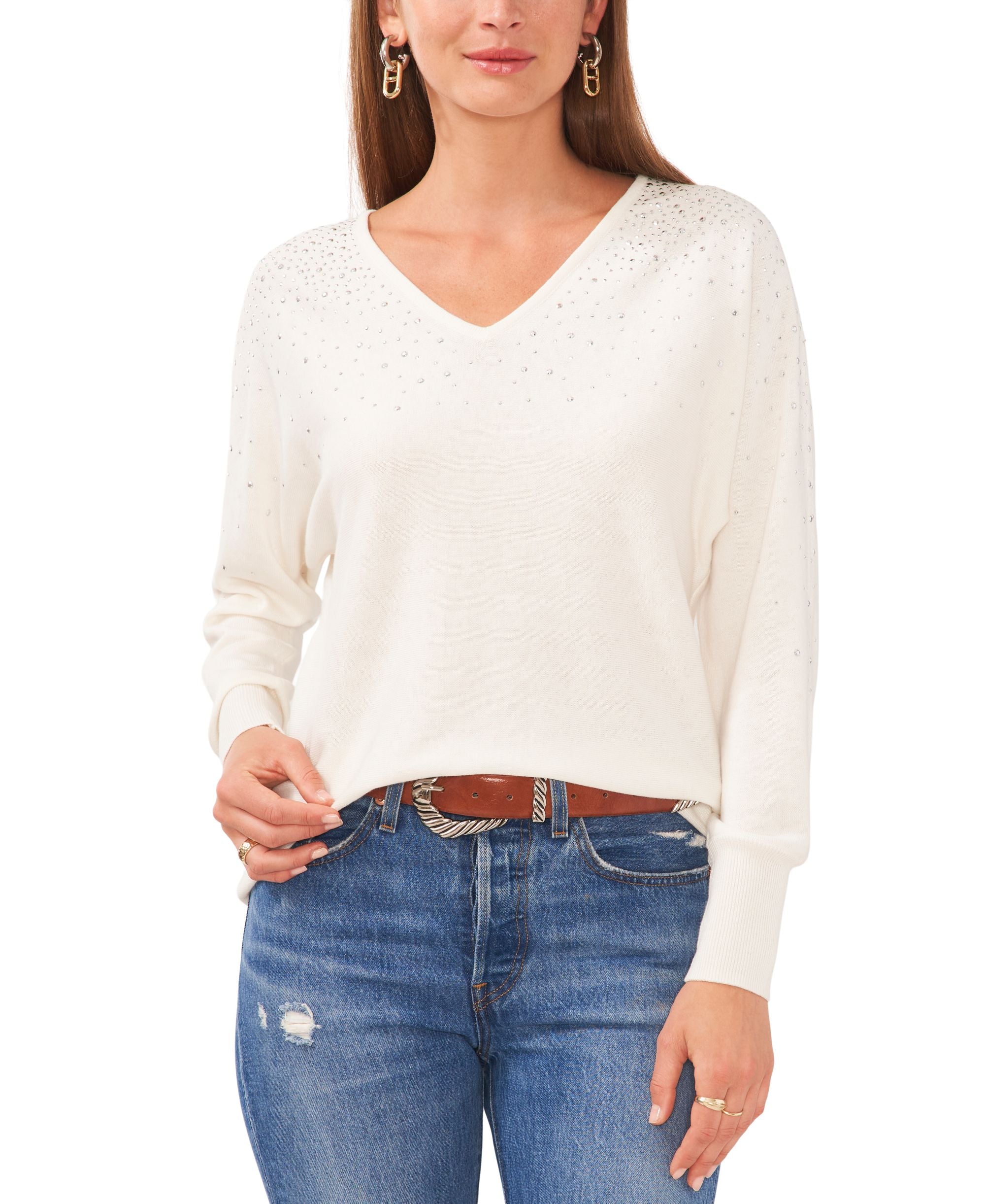Women's V-Neck Embellished Long-Sleeve Sweater