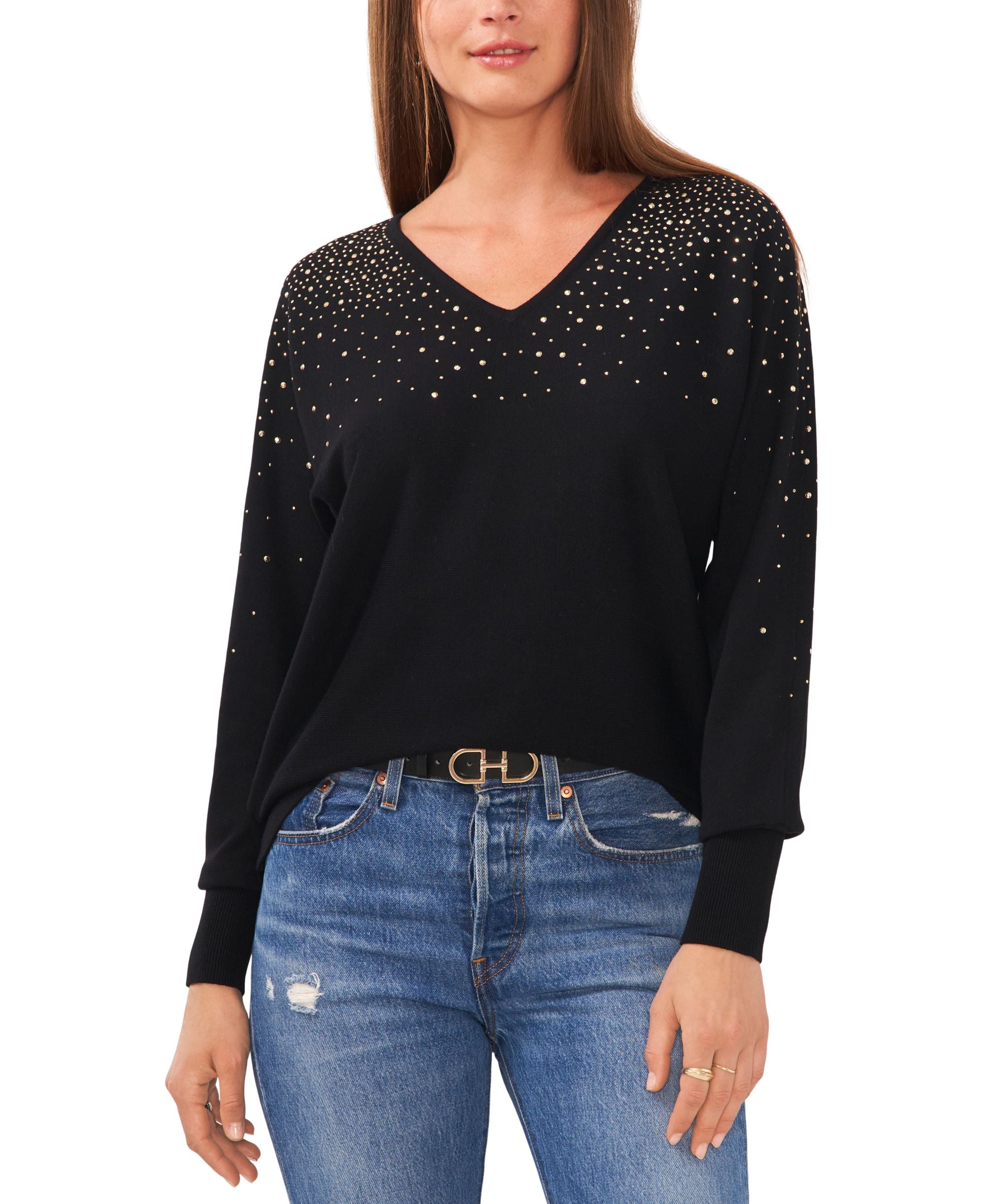 Women's V-Neck Embellished Long-Sleeve Sweater