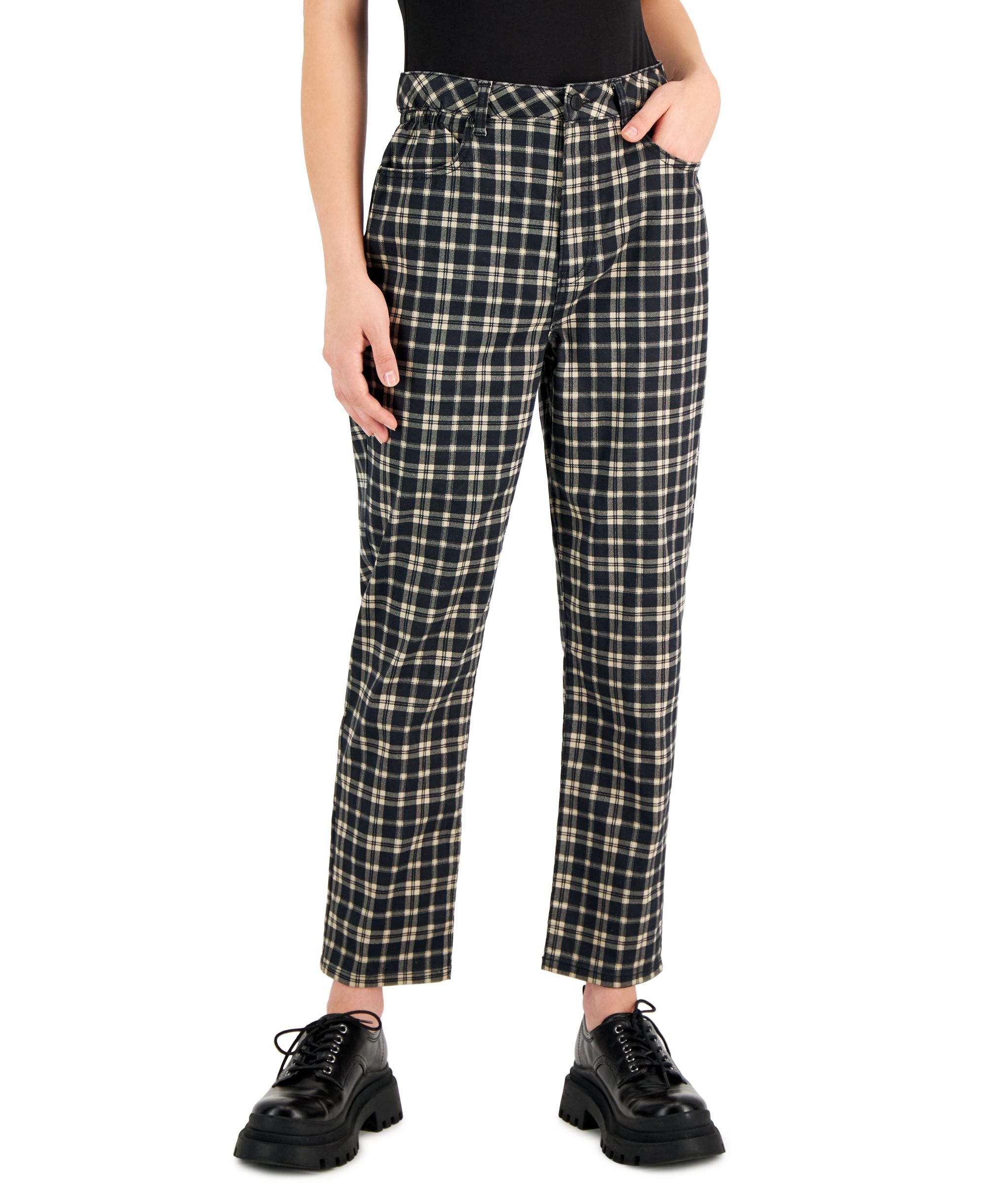 Vanilla Star Womens Plaid Cinched-Waist Mom Jeans