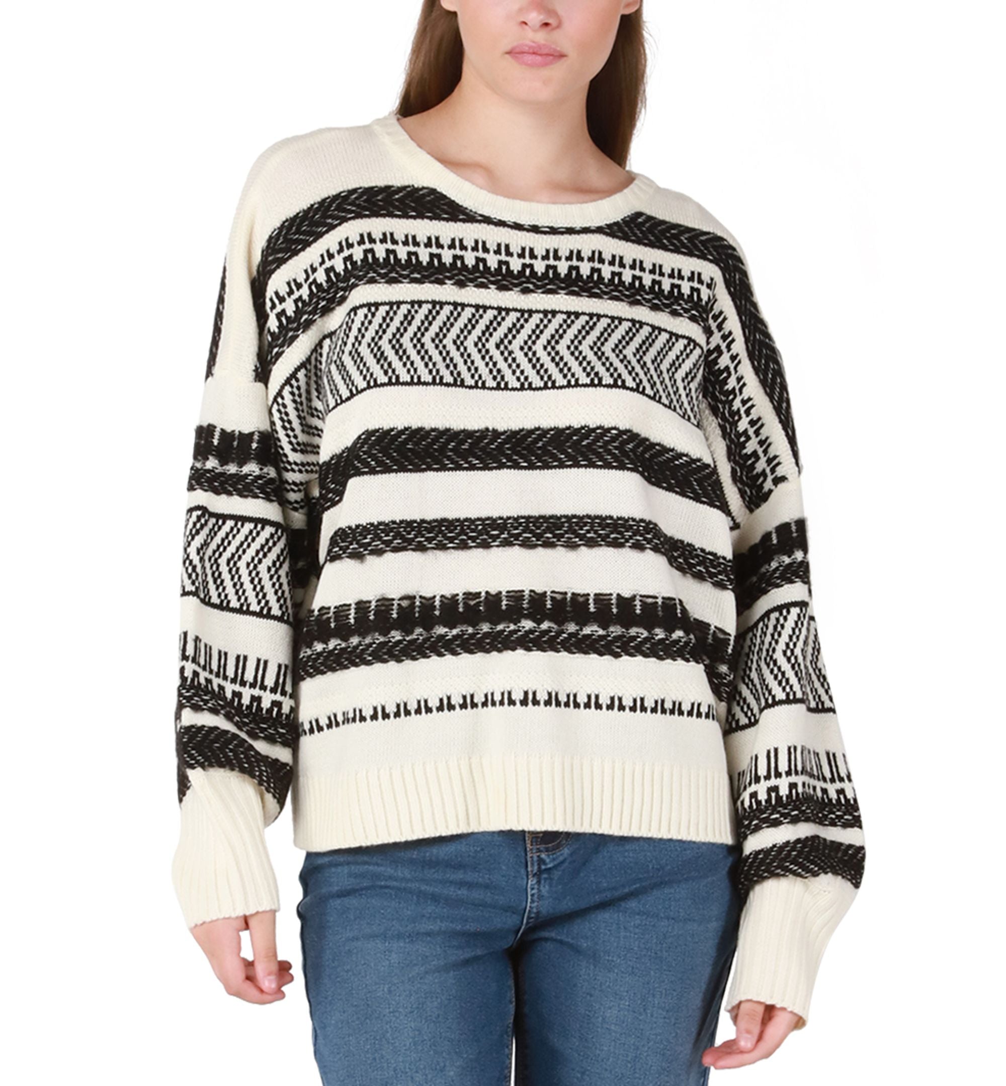 Women's Herringbone-Stripe Bishop-Sleeve Sweater