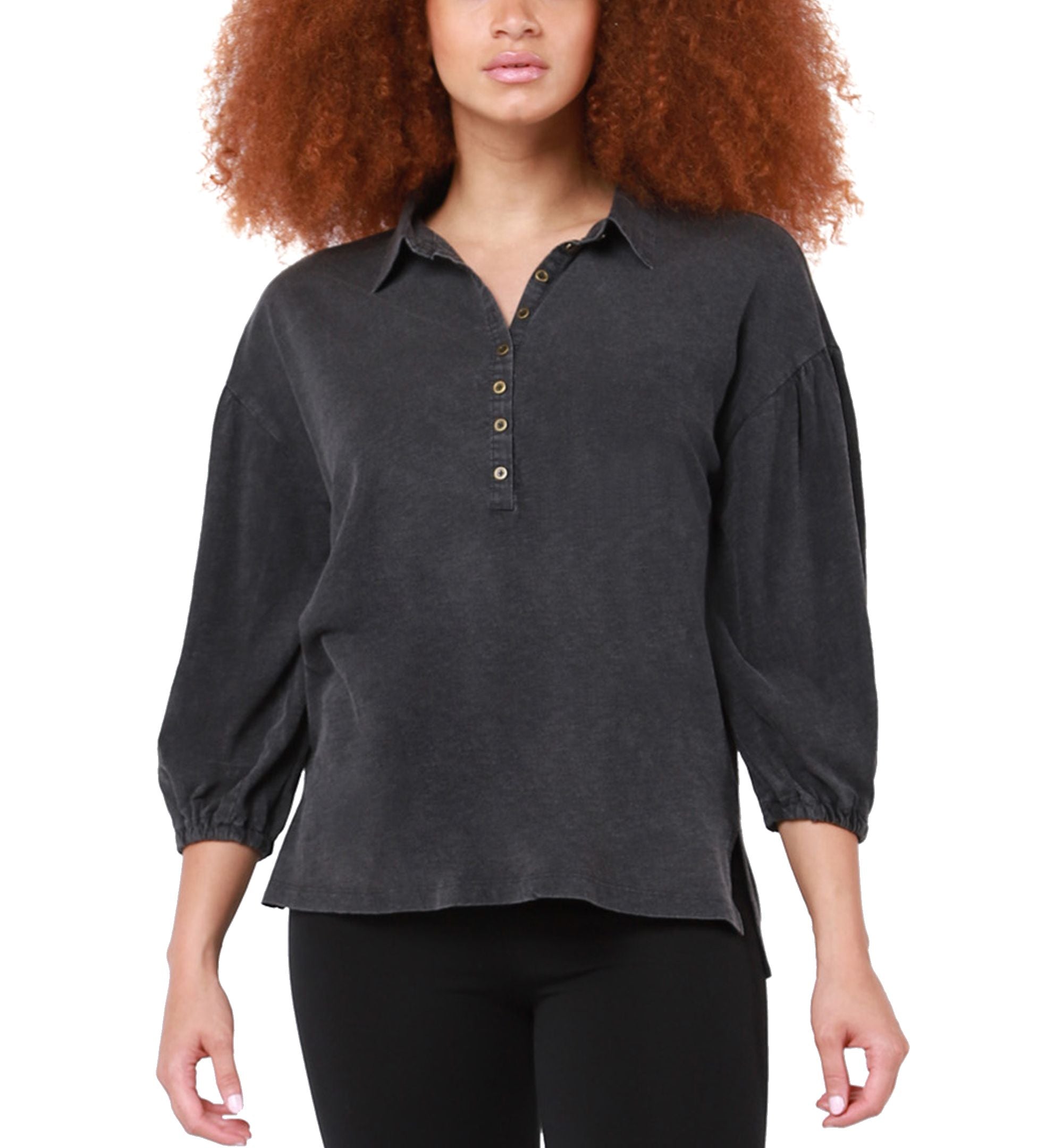 Black Tape Womens Cotton Drop Shoulder Puff Sleeve Henley Top