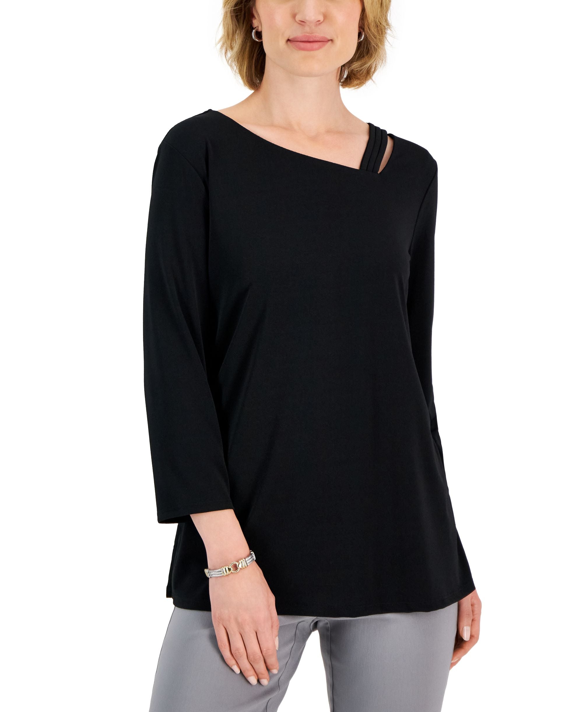 Women's Asymmetrical-Neck Lattice-Trim Top