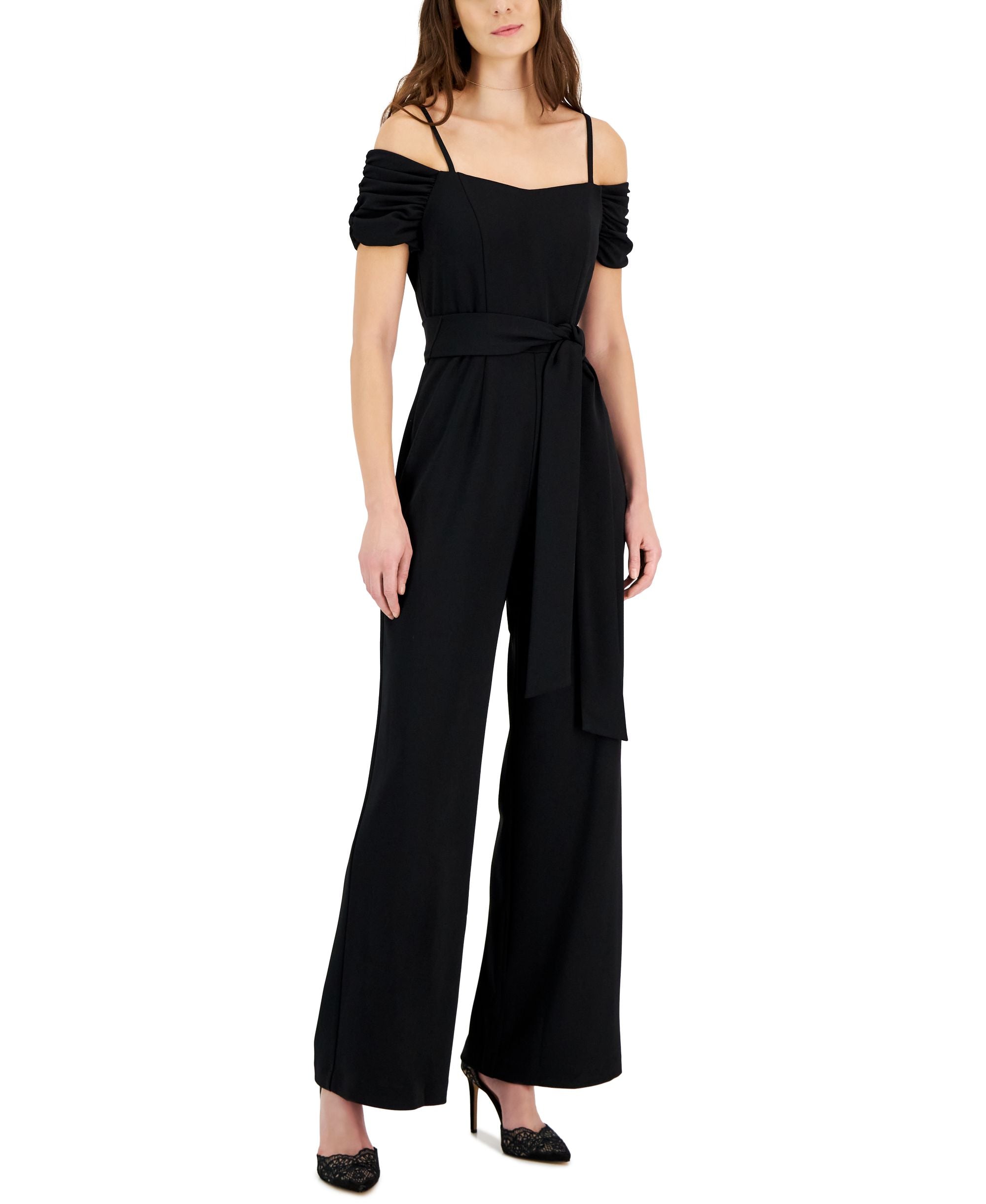 Tahari Asl Womens Off-The-Shoulder Wide-Leg Crepe Jumpsuit