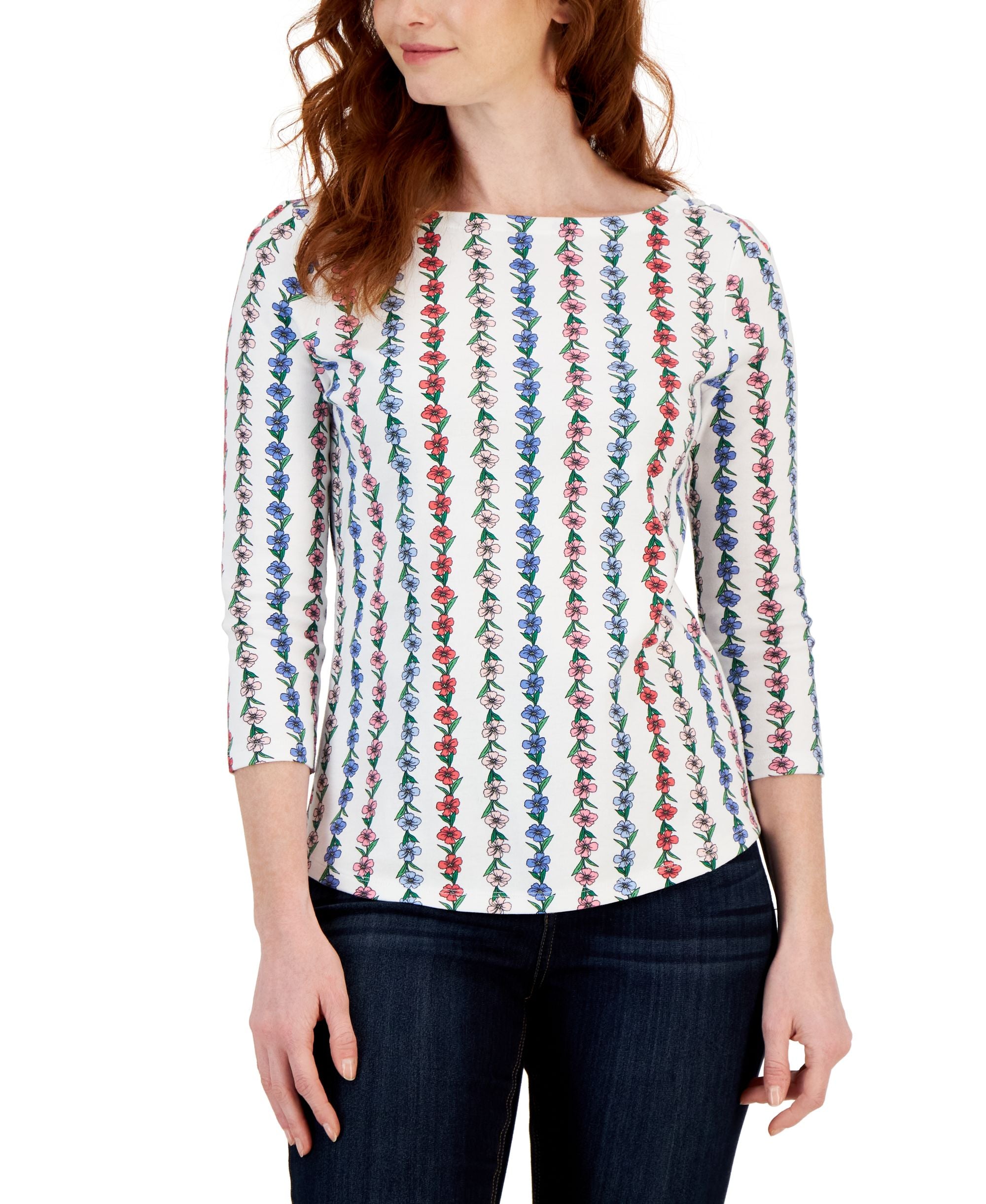 Petite Climbing Blooms Boat-Neck Button-Trim Top