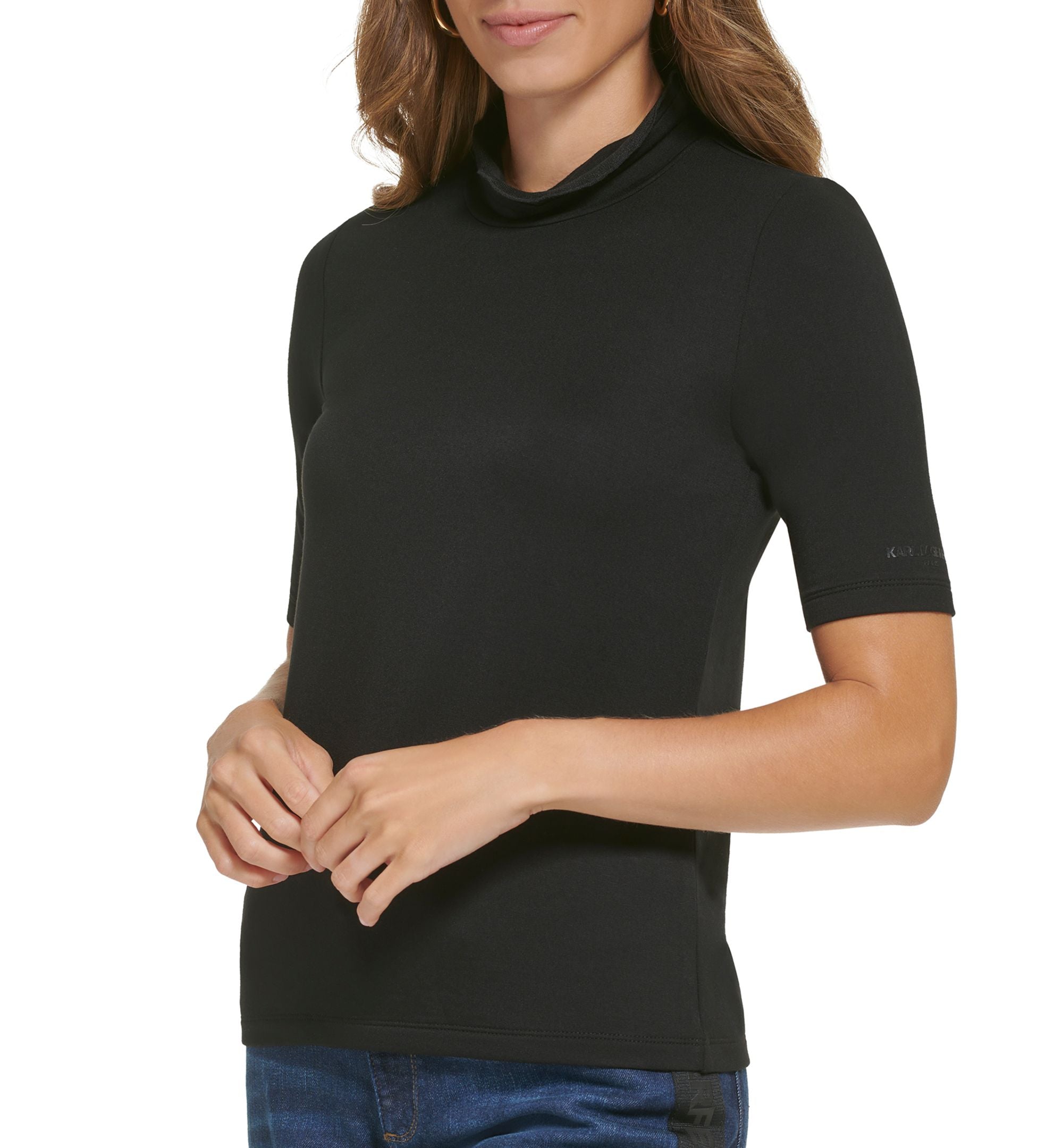 Karl Lagerfeld Paris Womens Lettuce Hem Mock Neck Top