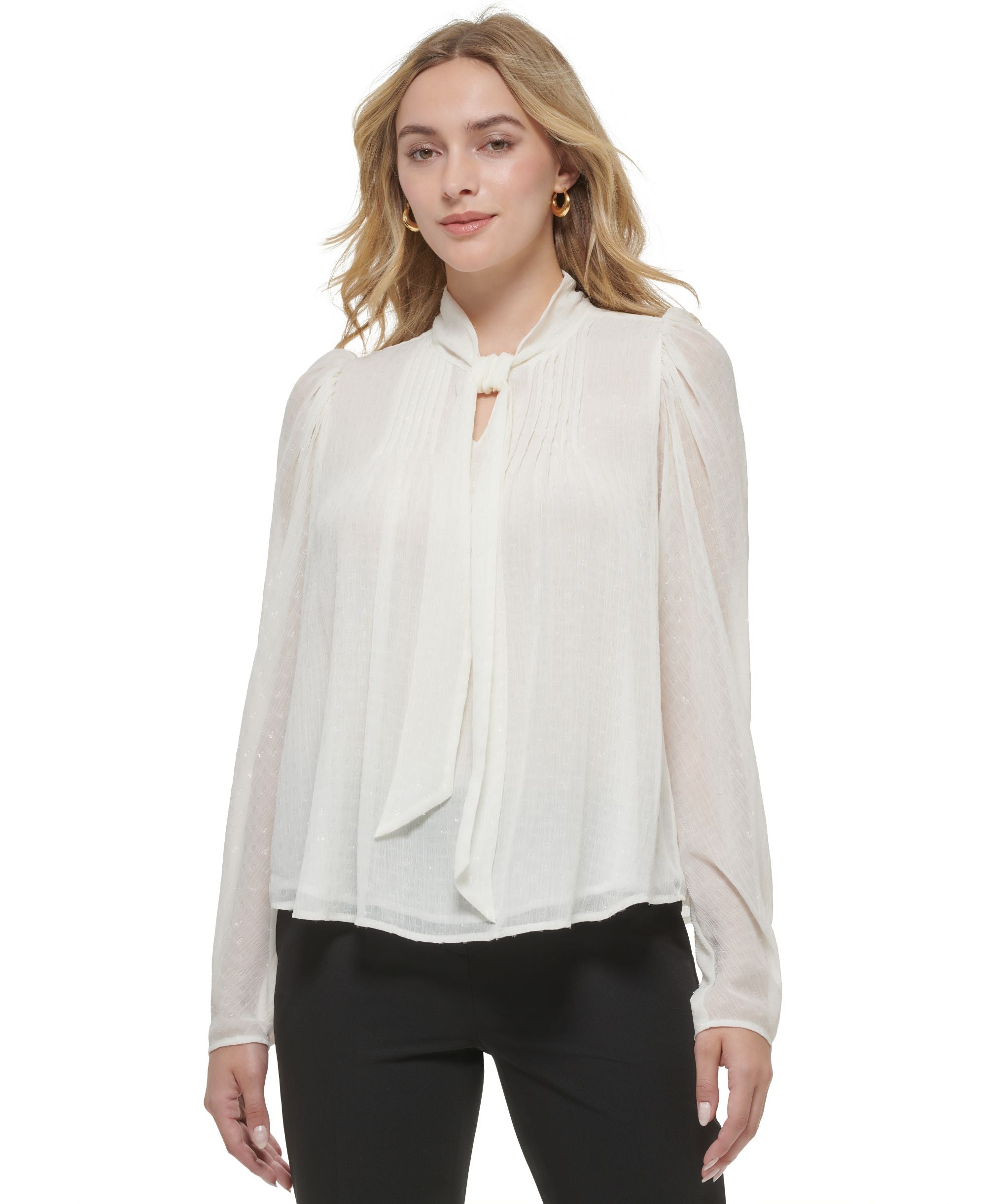 Tommy Hilfiger Womens Clip Dot Pleated Tie Neck Top