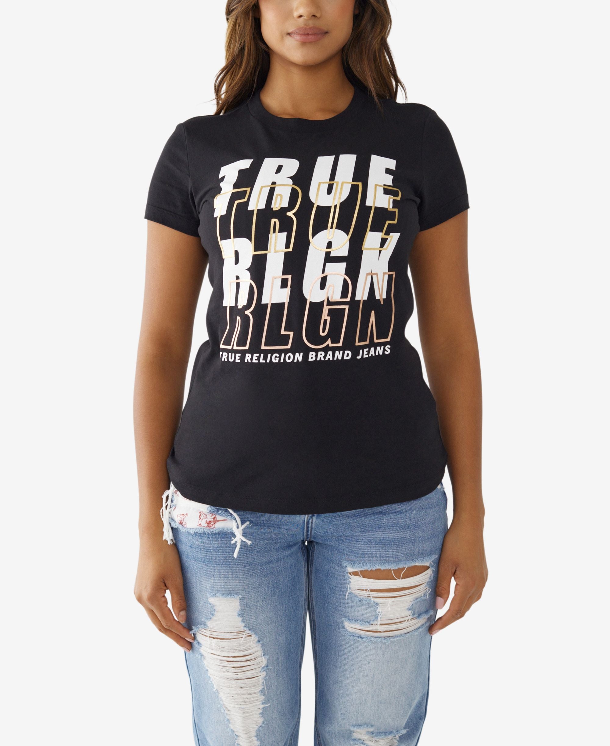 True Religion Womens Short Sleeve Foil Logo Slim Crew T-Shirt