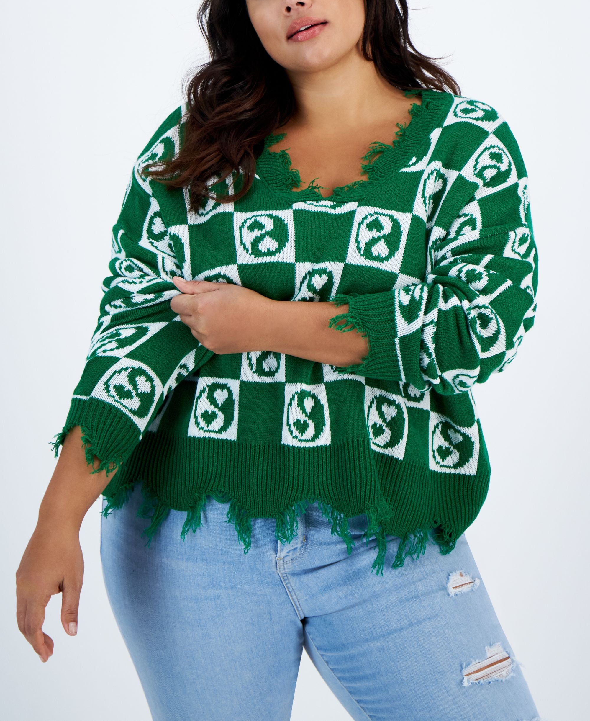 Trendy Plus Size Mini Yin Yang Destructed Sweater