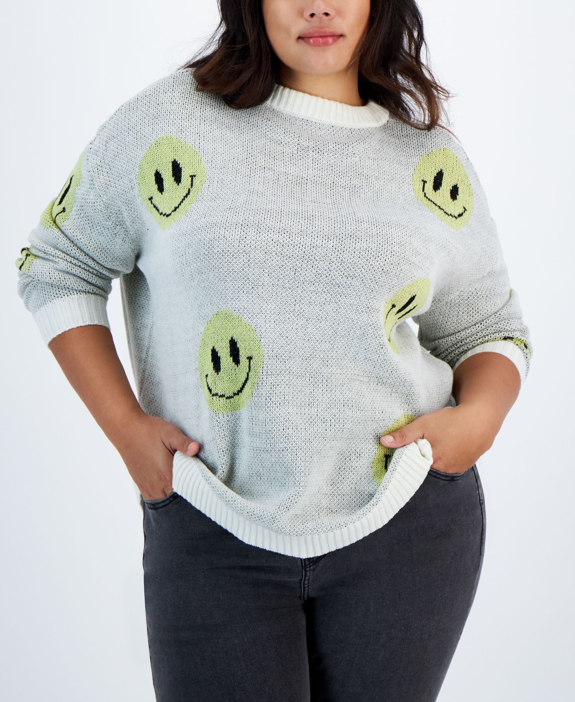 Trendy Plus Size Smiley Crewneck Sweater