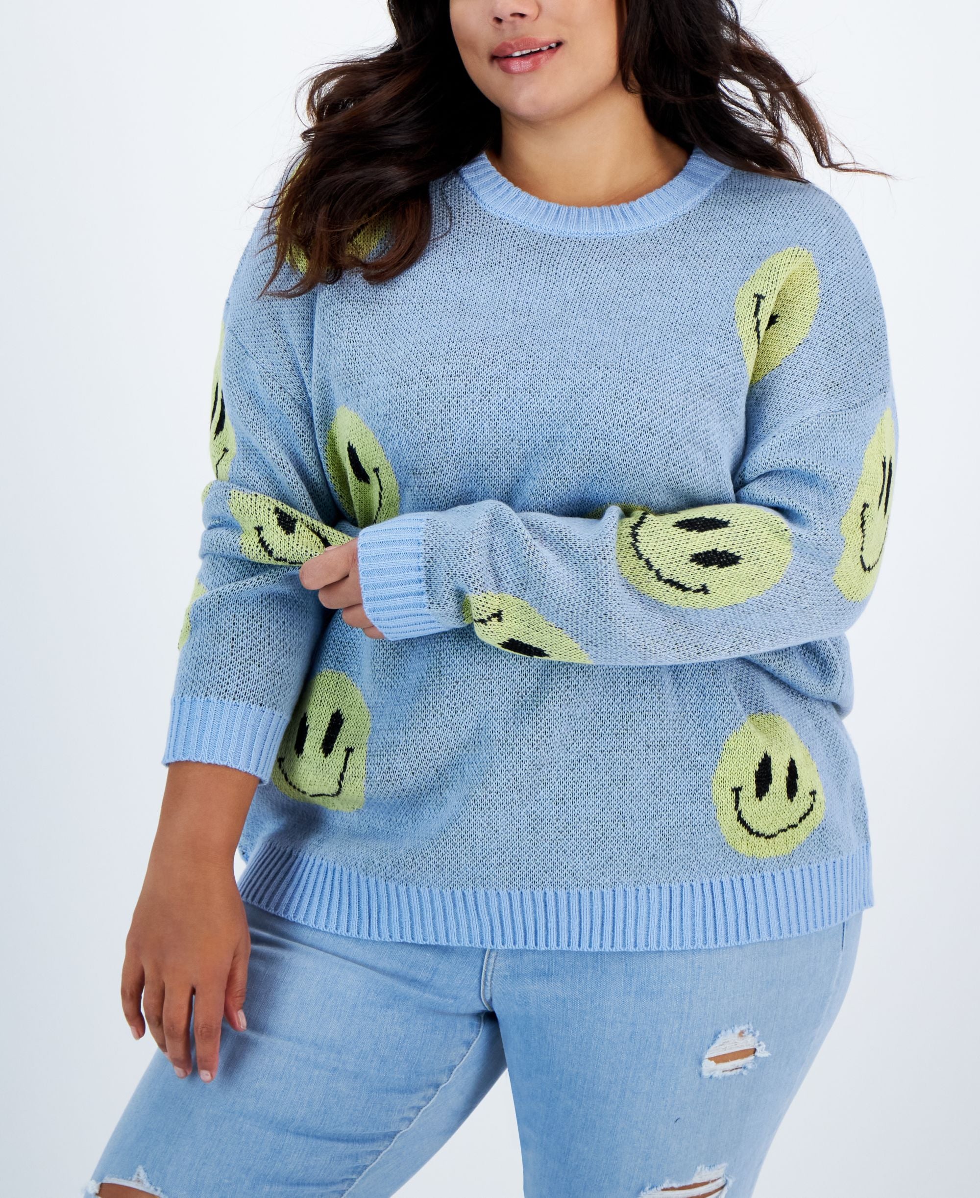 Trendy Plus Size Smiley Crewneck Sweater