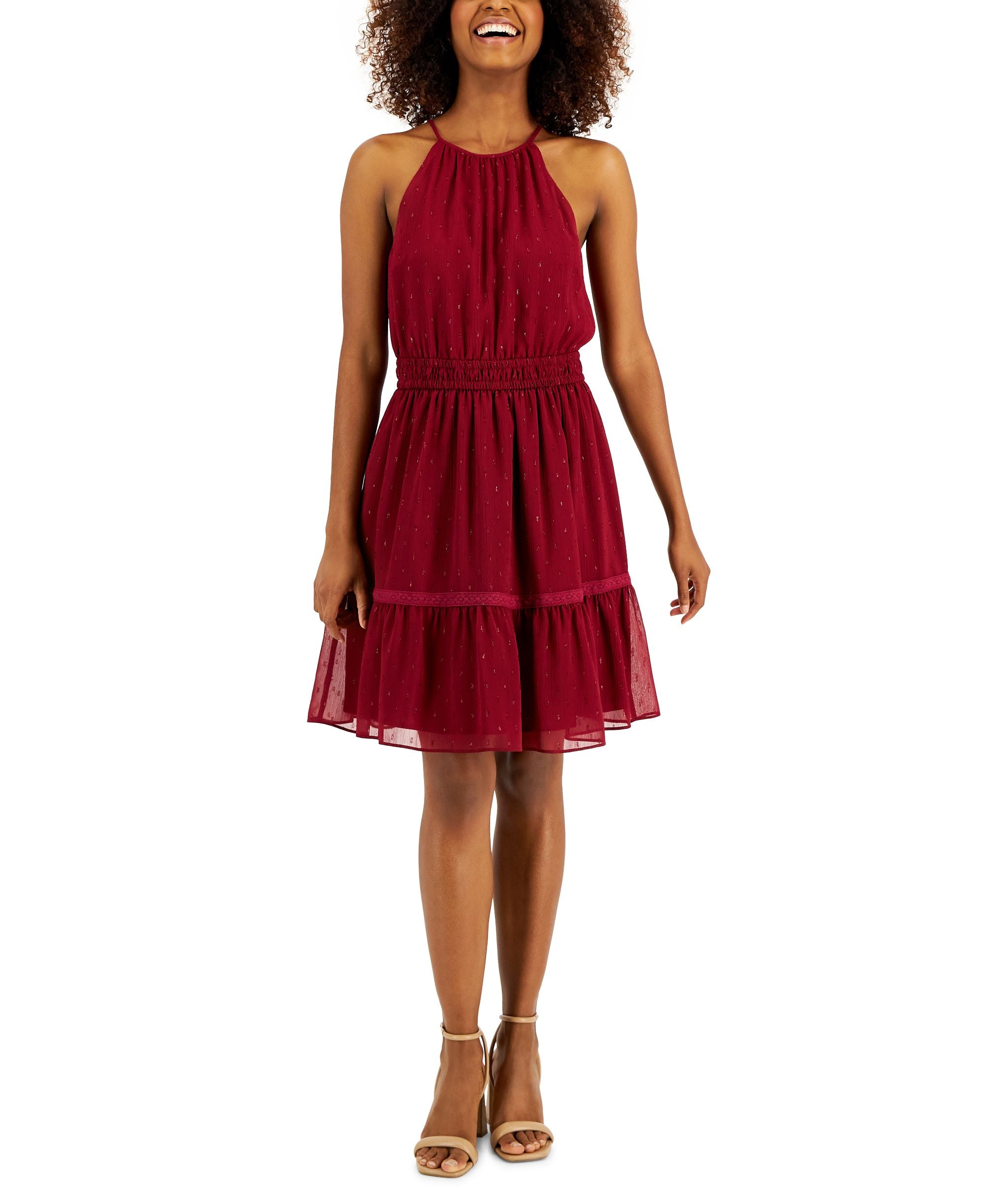 International Concepts Womens Clip Dot Tiered Halter Mini Dress