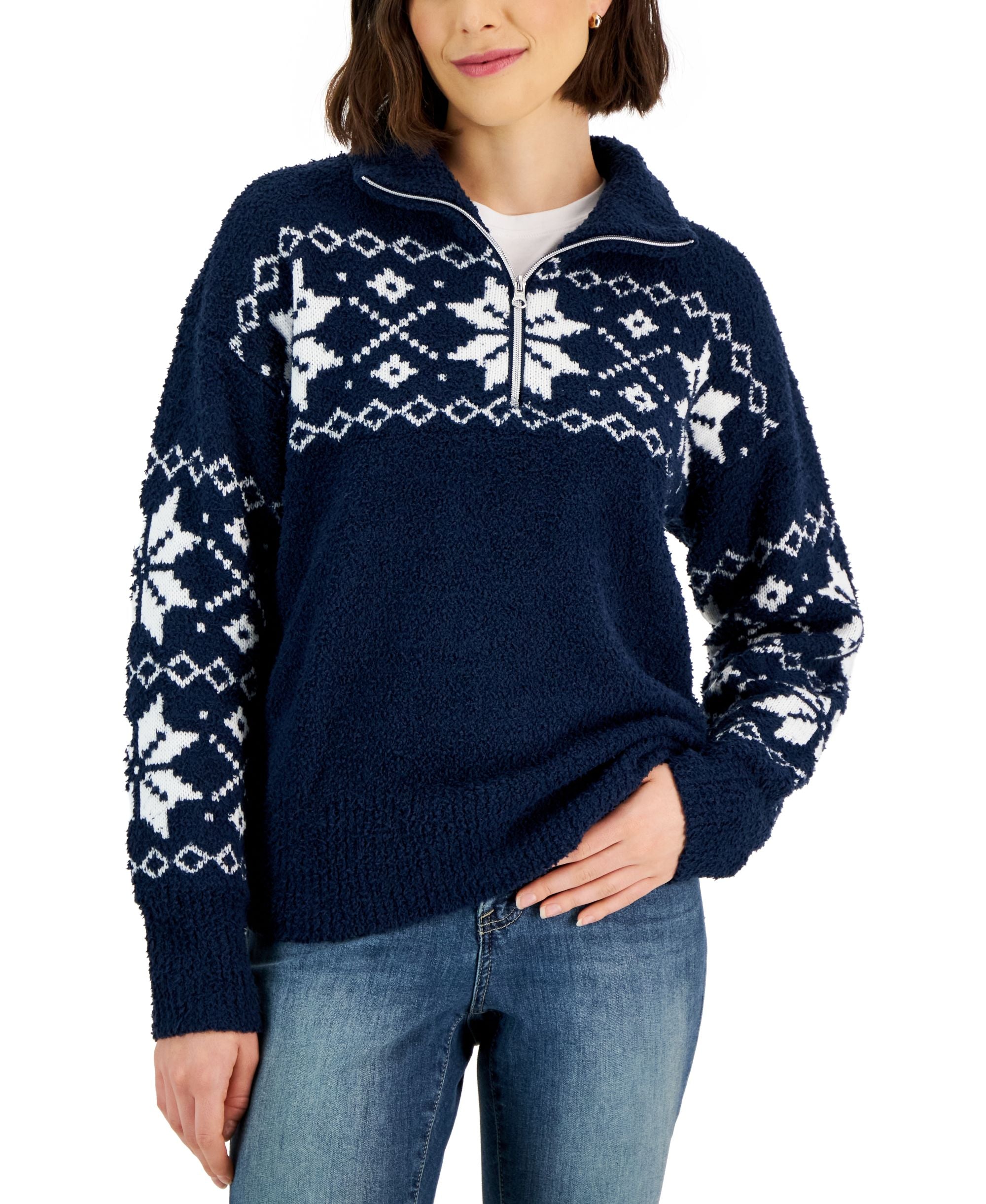 Style & Co Womens Fairisle Quarter Zip Sweater