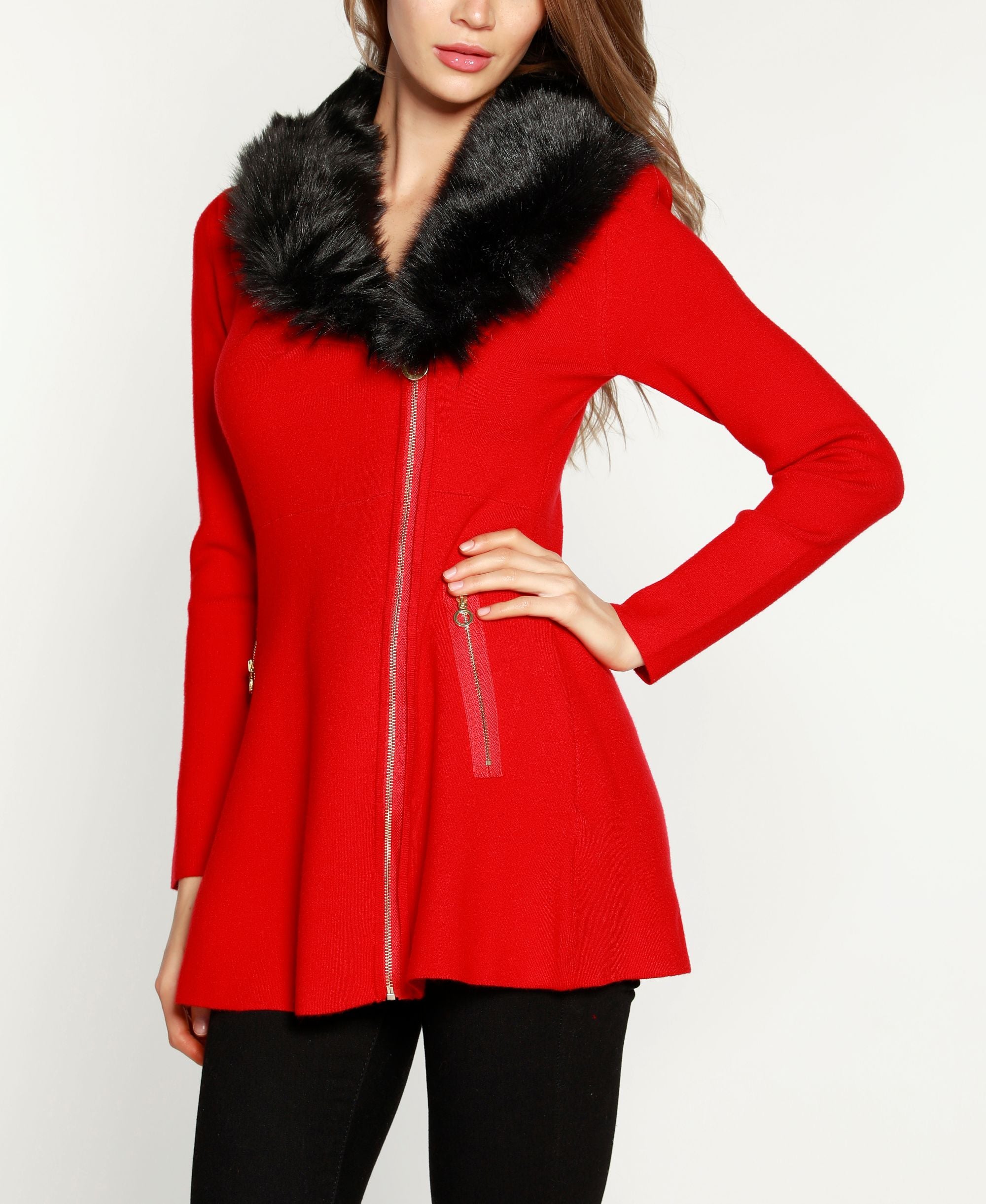 Black Label Petite Faux Fur Trim Cardigan Sweater