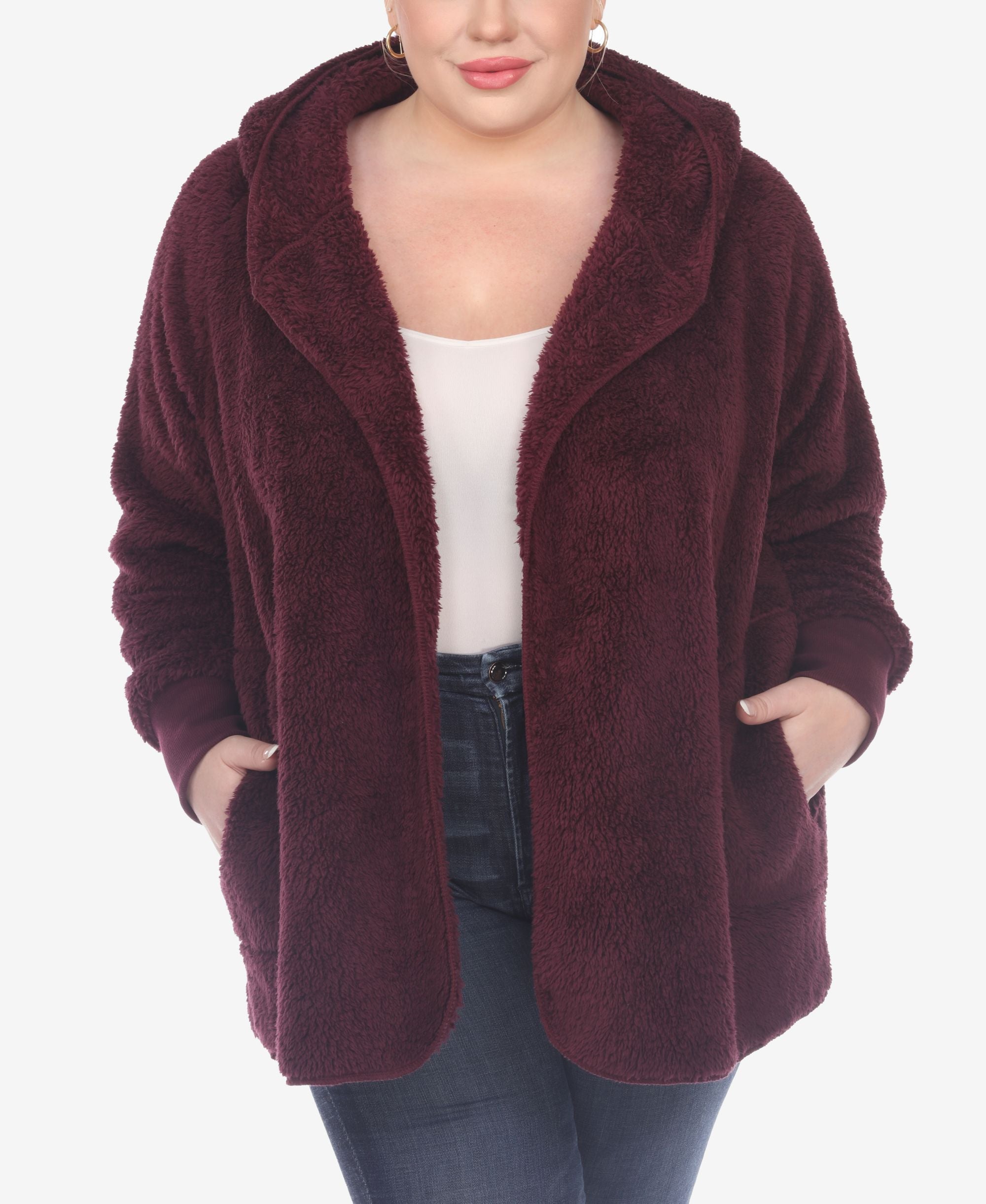 Plus Size Plush Hooded Cardigan Jacket with Pockets