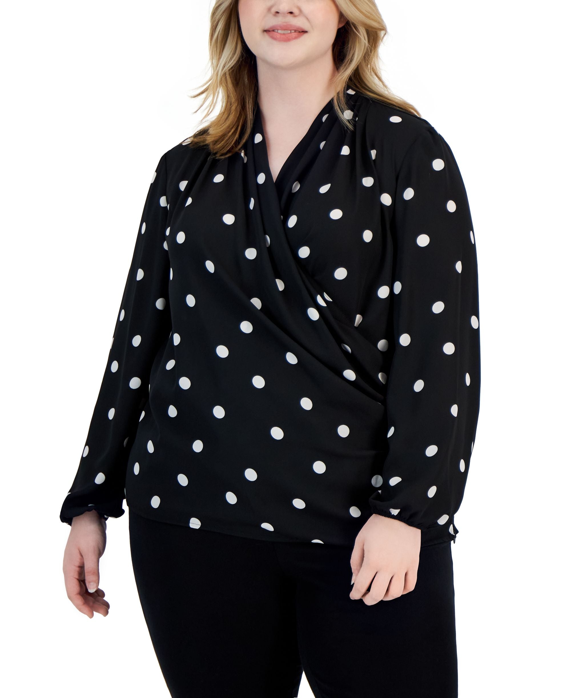 Plus Size Faux-Wrap Draped Long-Sleeve Blouse
