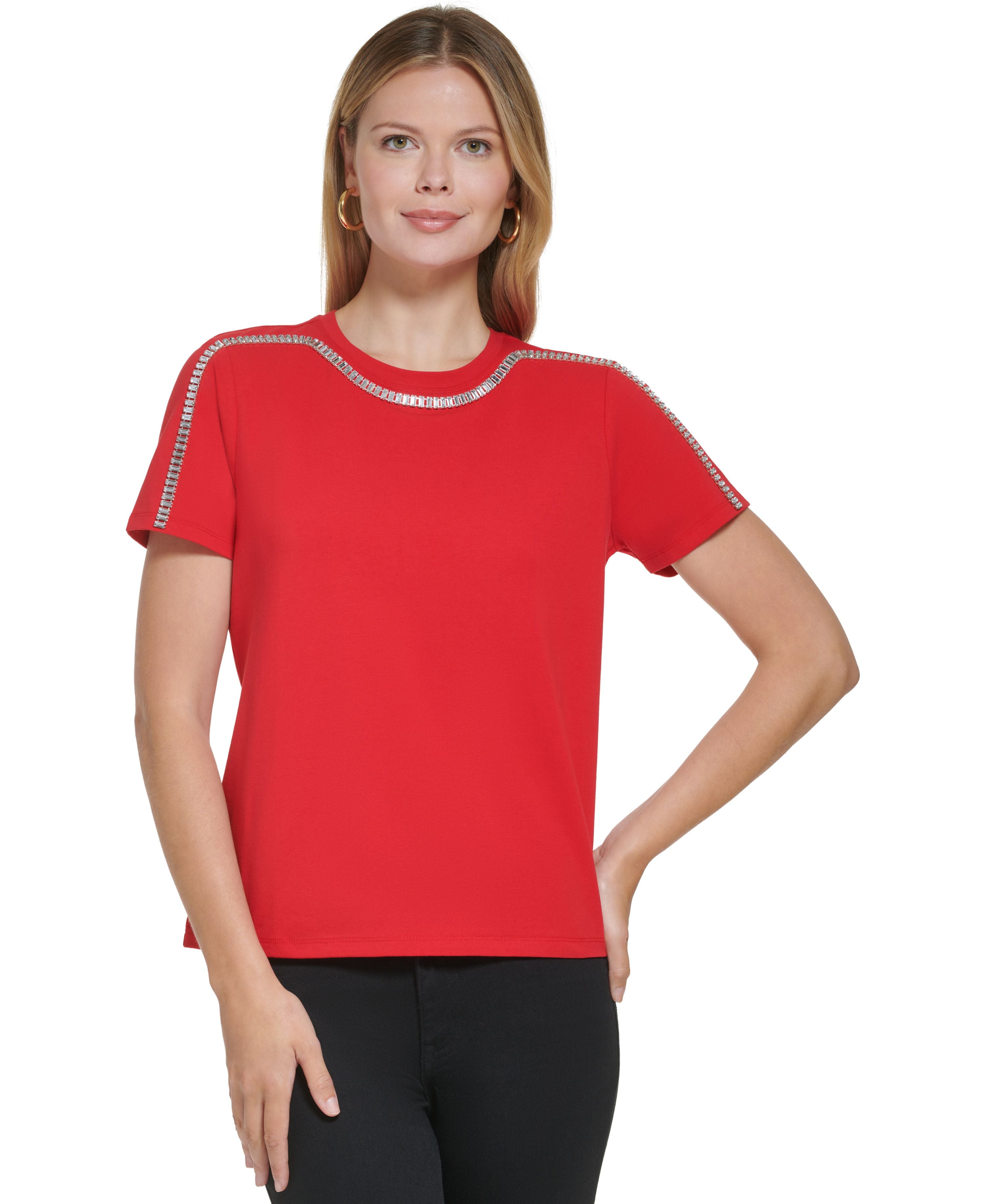 Women's Short Sleeve Rhinestone Trim Top
