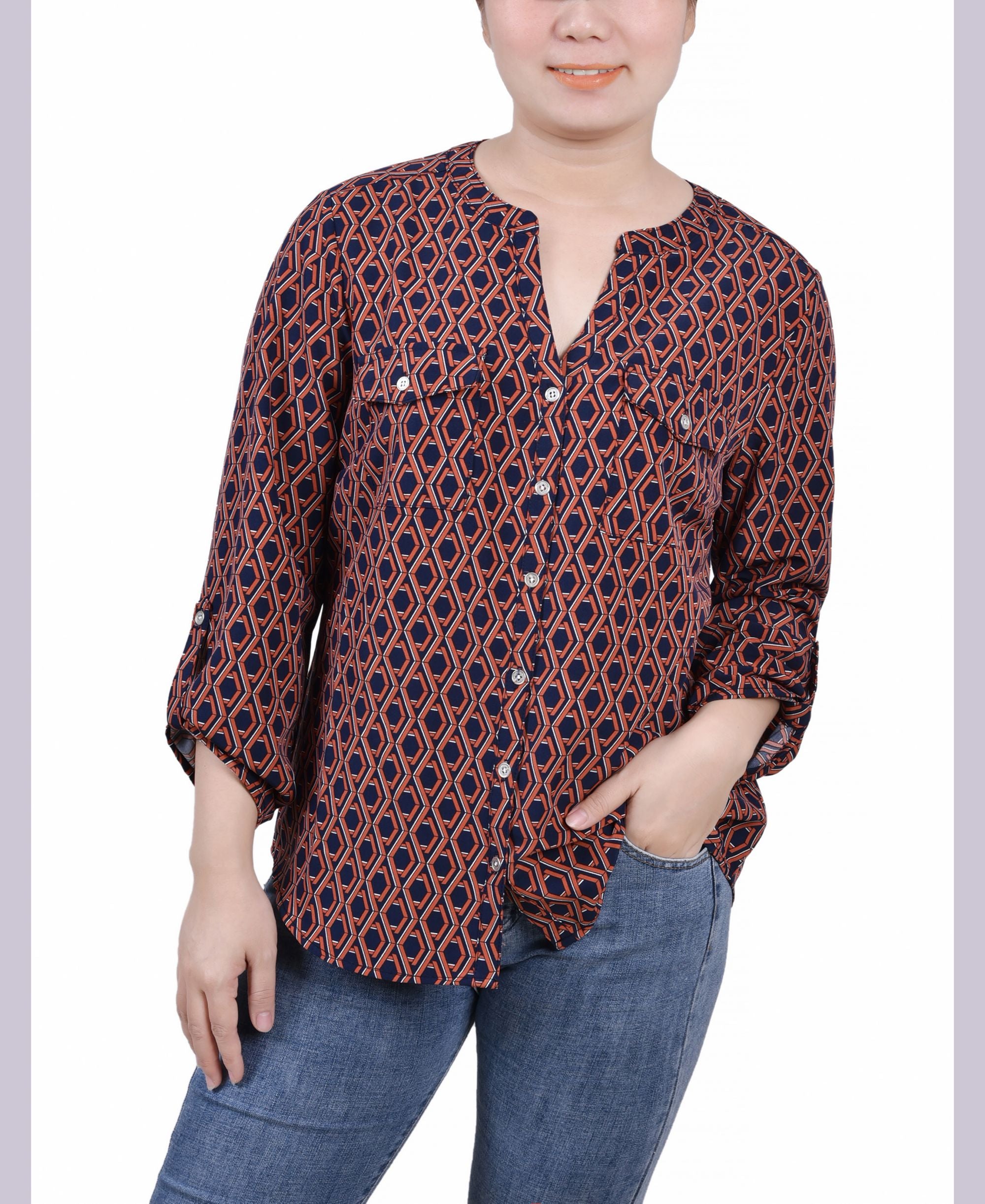 Petite 3/4 Sleeve Roll Tab Y Neck Blouse