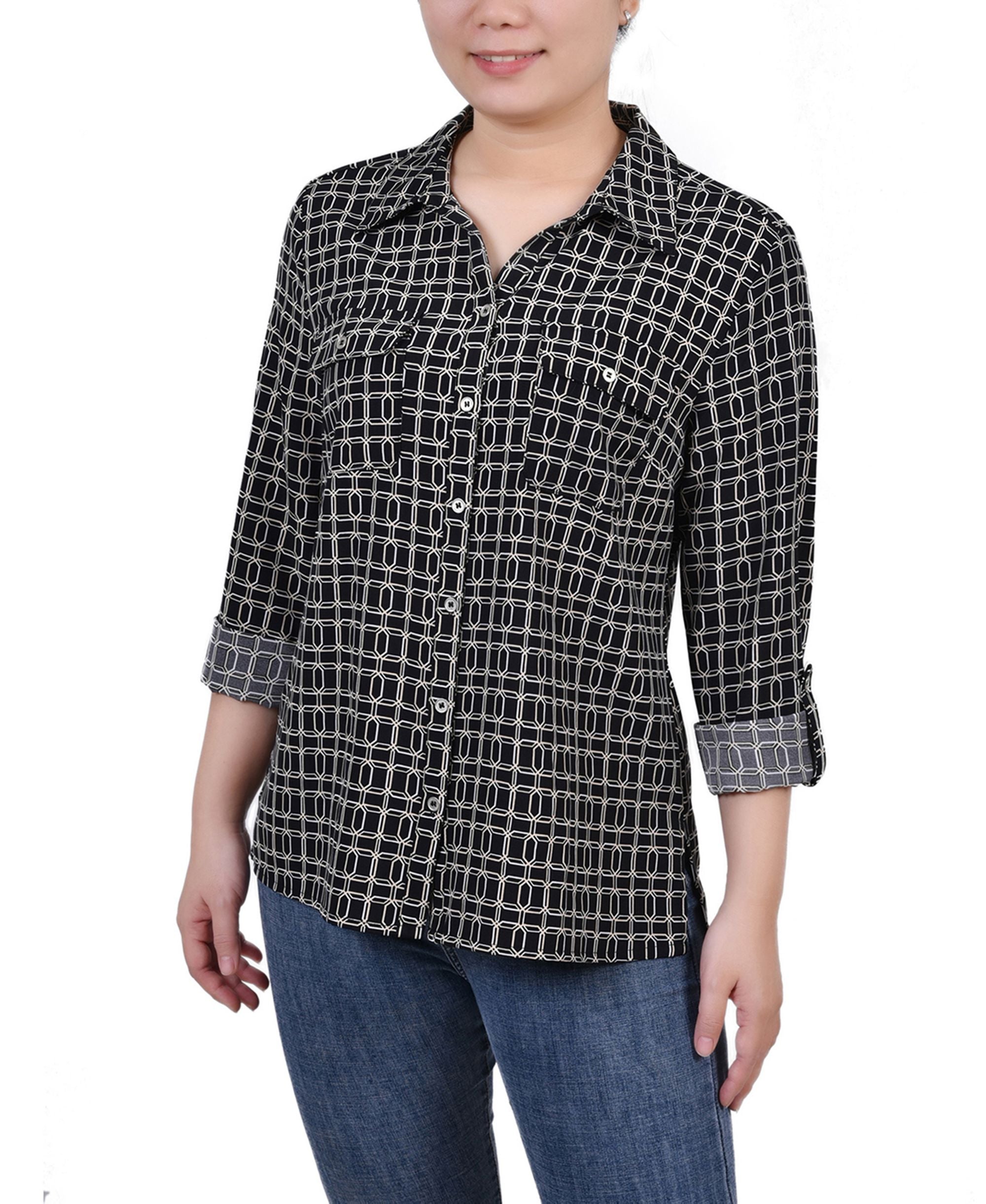 Petite 3/4 Sleeve Roll Tab Notch Collar Blouse