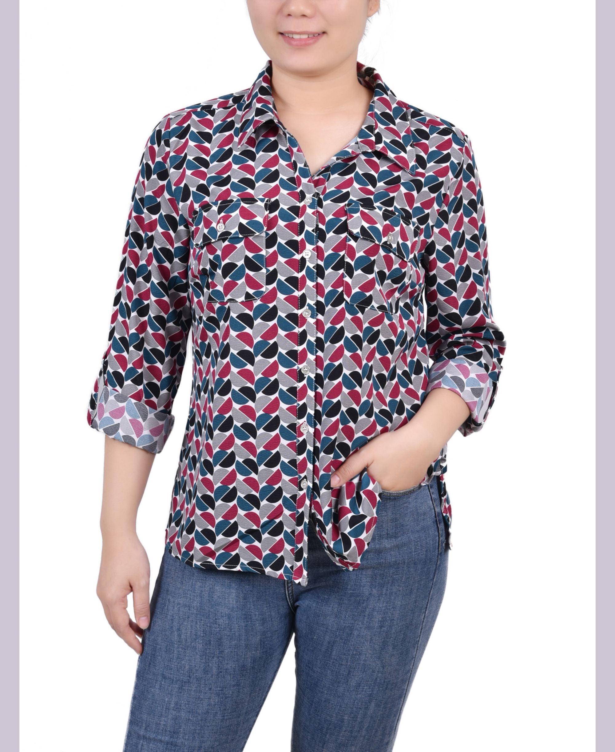 Petite 3/4 Sleeve Roll Tab Notch Collar Blouse