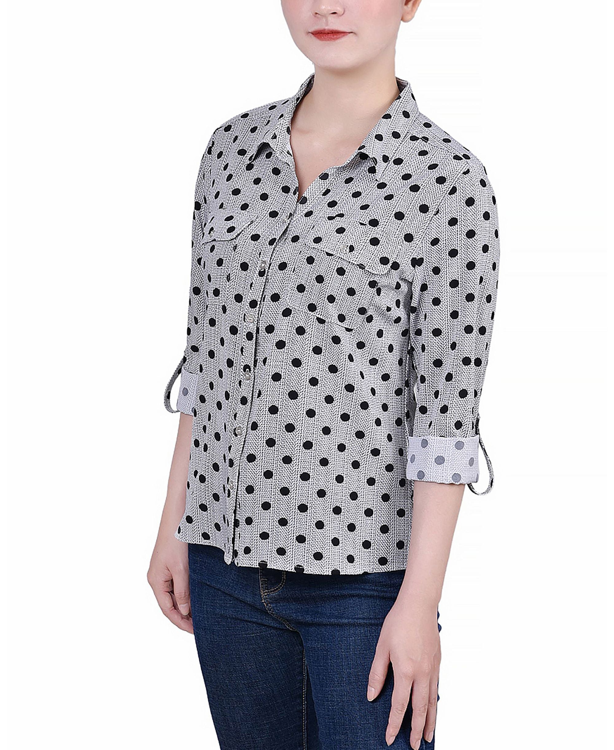Petite 3/4 Sleeve Roll Tab Notch Collar Blouse