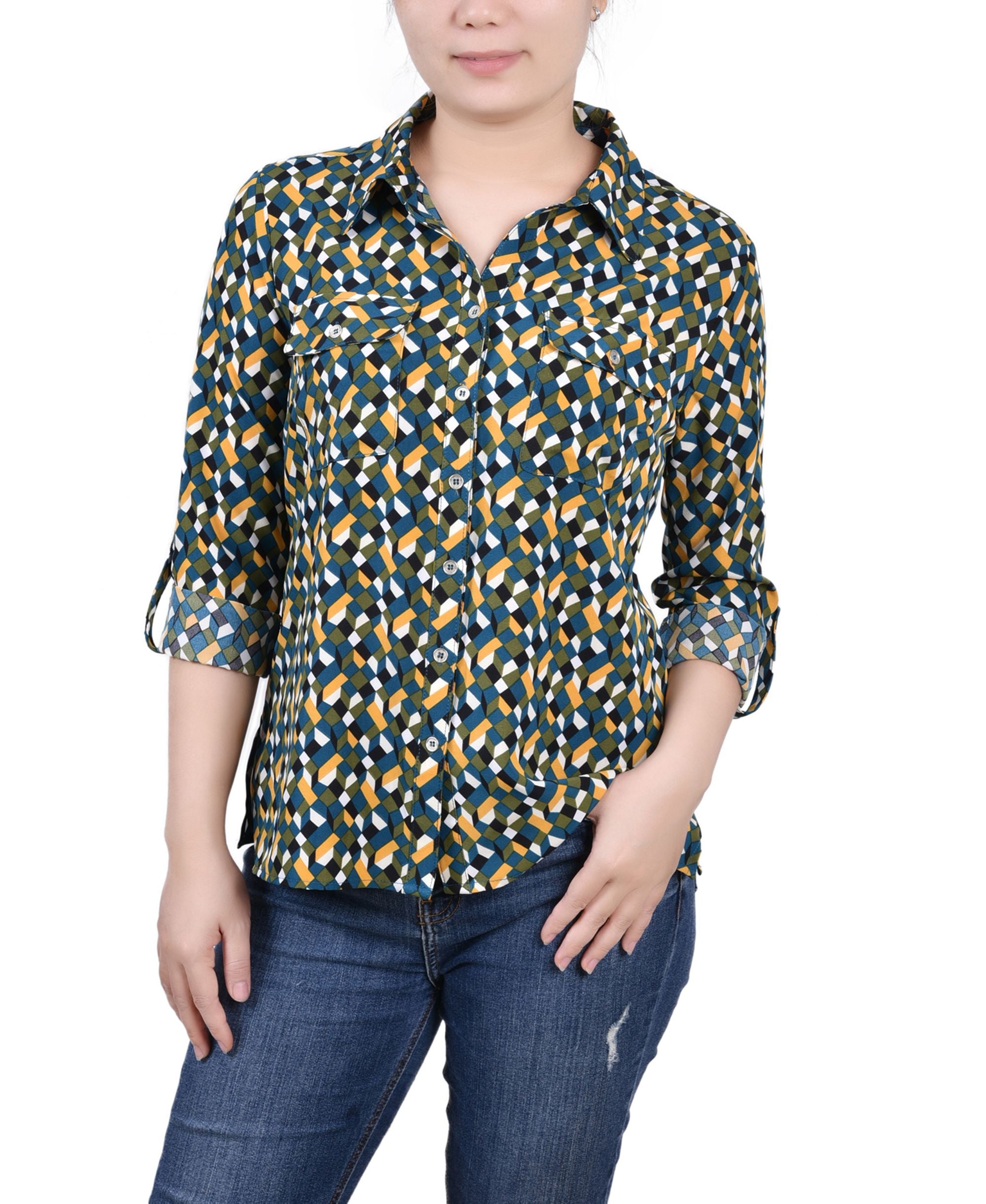Petite 3/4 Sleeve Roll Tab Notch Collar Blouse