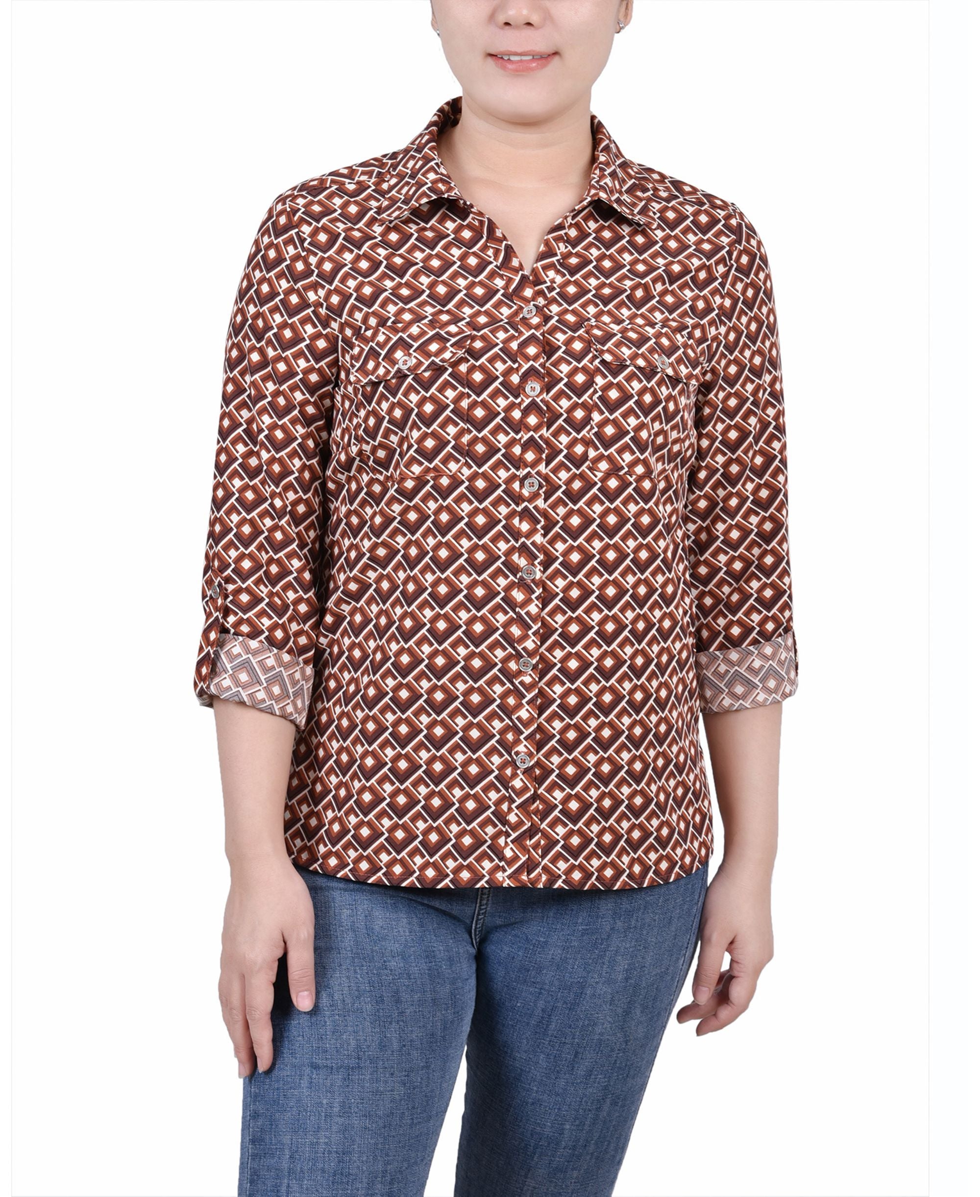 Petite 3/4 Sleeve Roll Tab Notch Collar Blouse