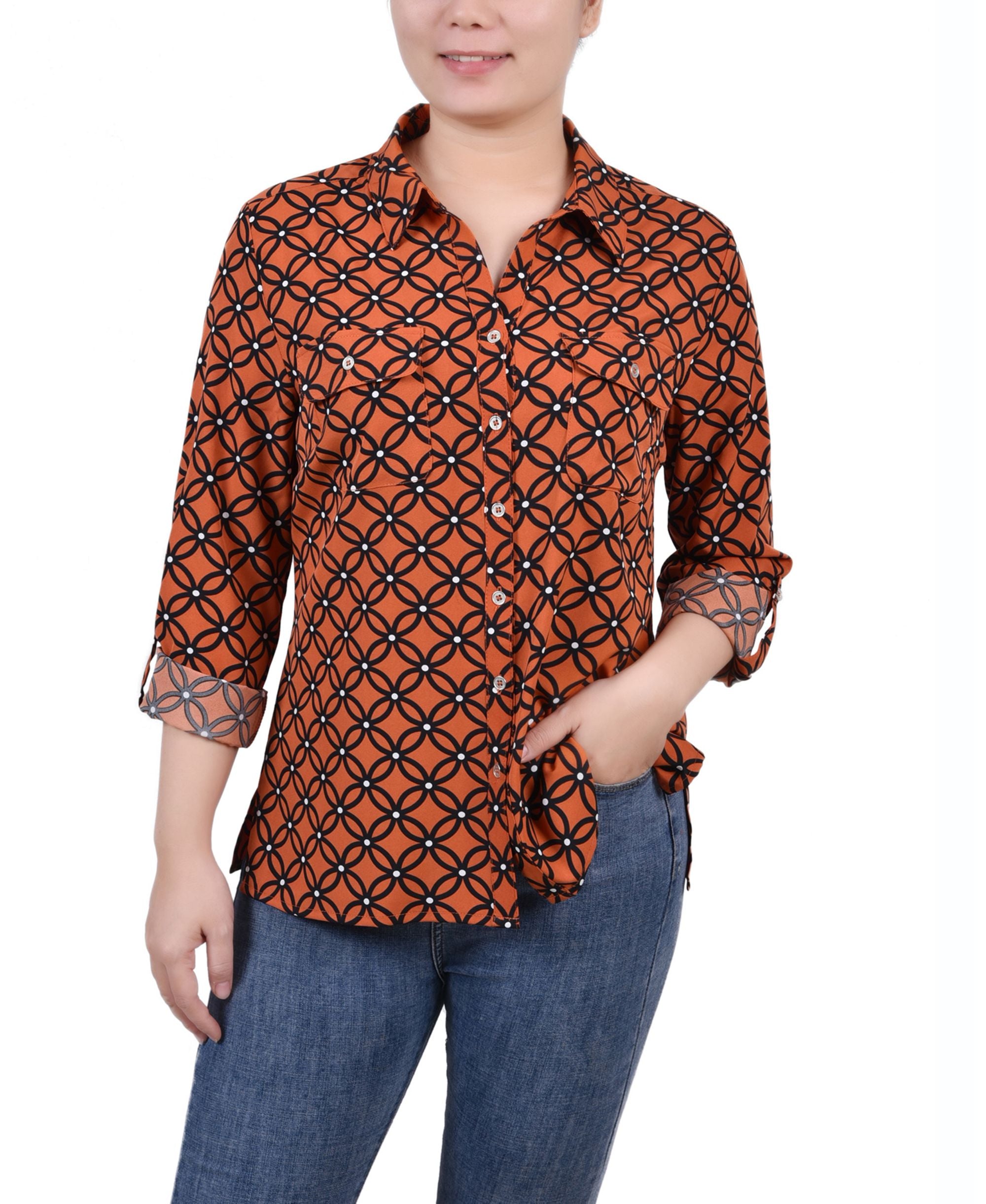 Petite 3/4 Sleeve Roll Tab Notch Collar Blouse