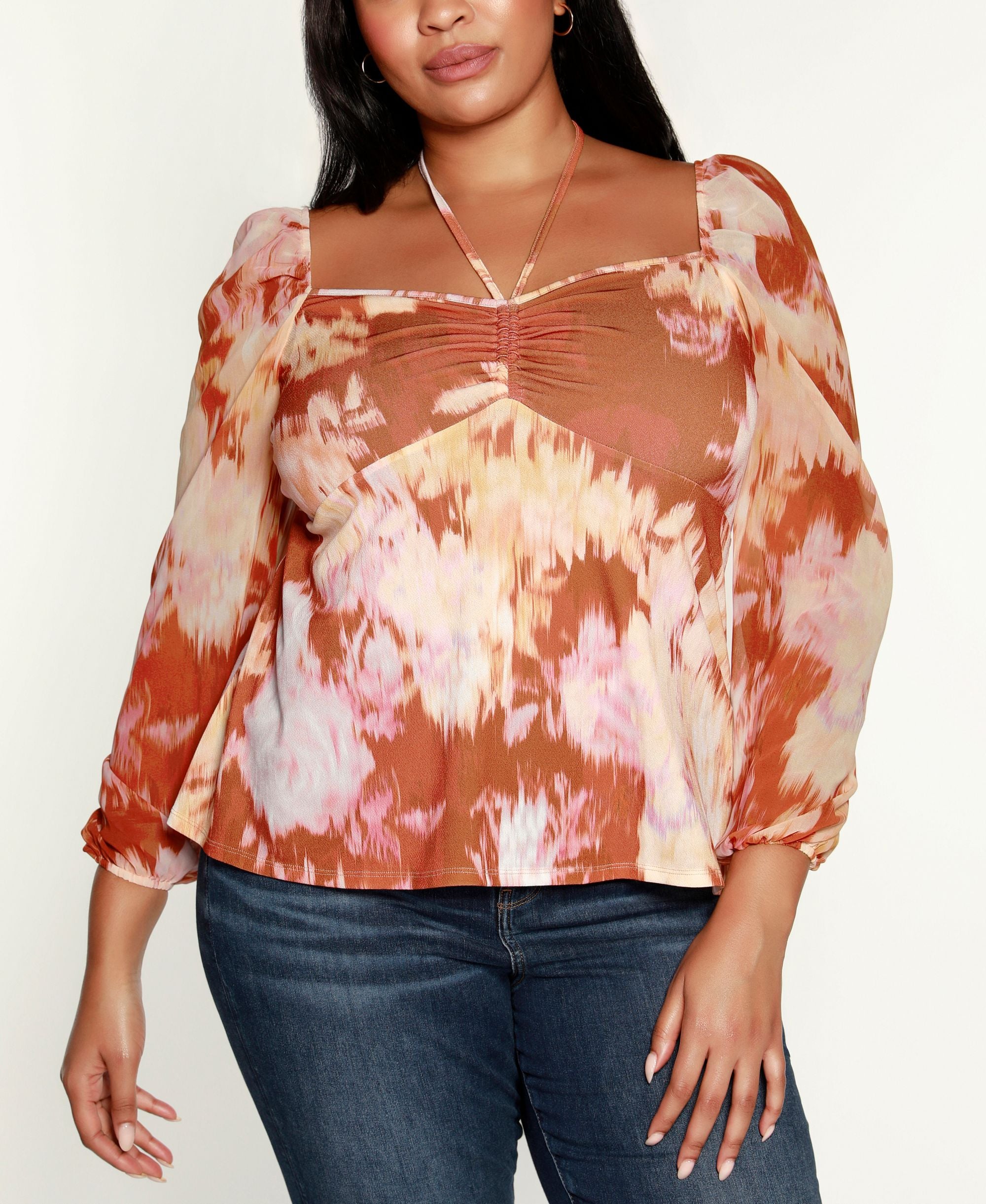 Belldini Black Label Plus Size Printed Blouson Sleeve Top
