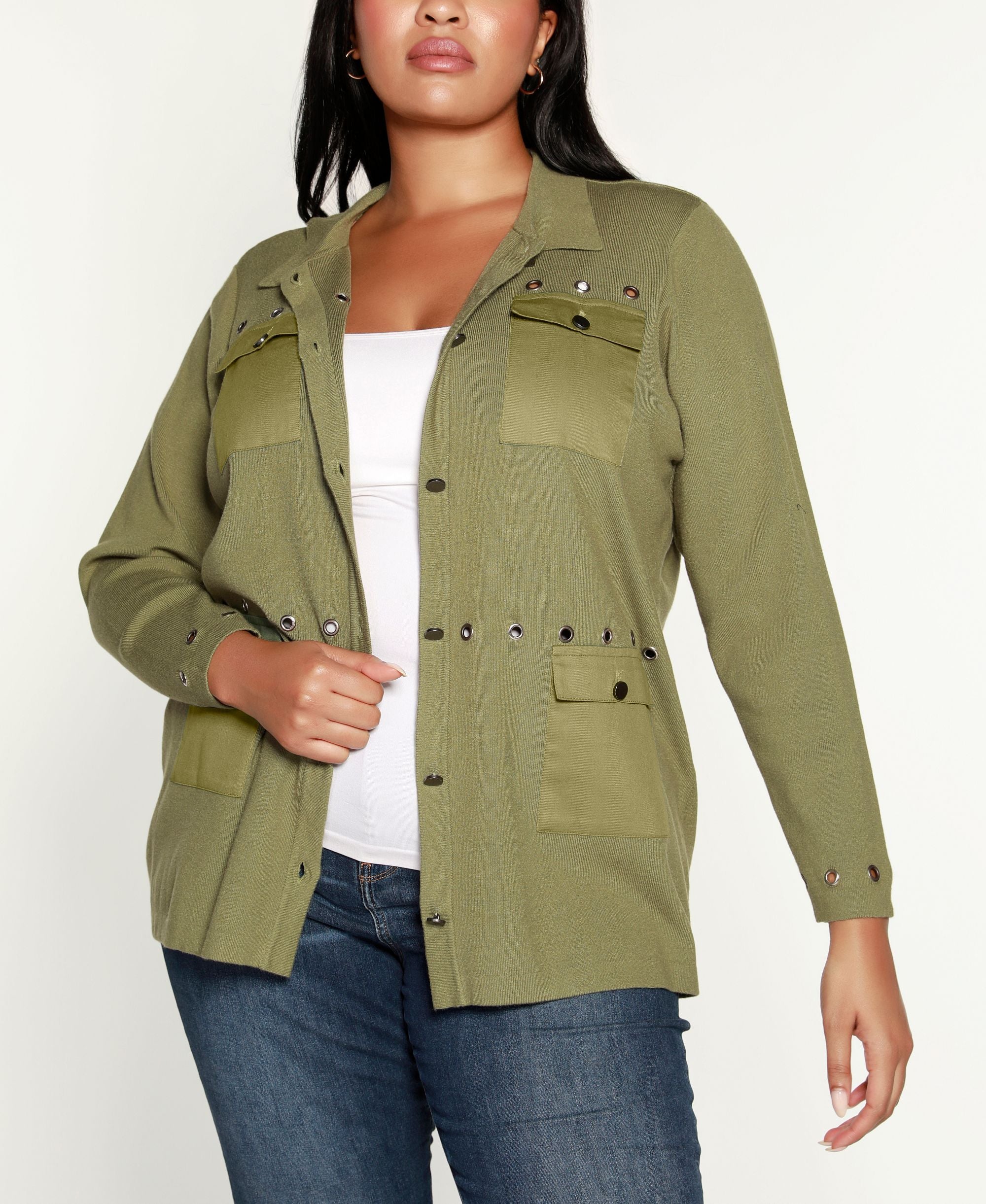 Belldini Black Label Plus Size Utility Shacket Sweater
