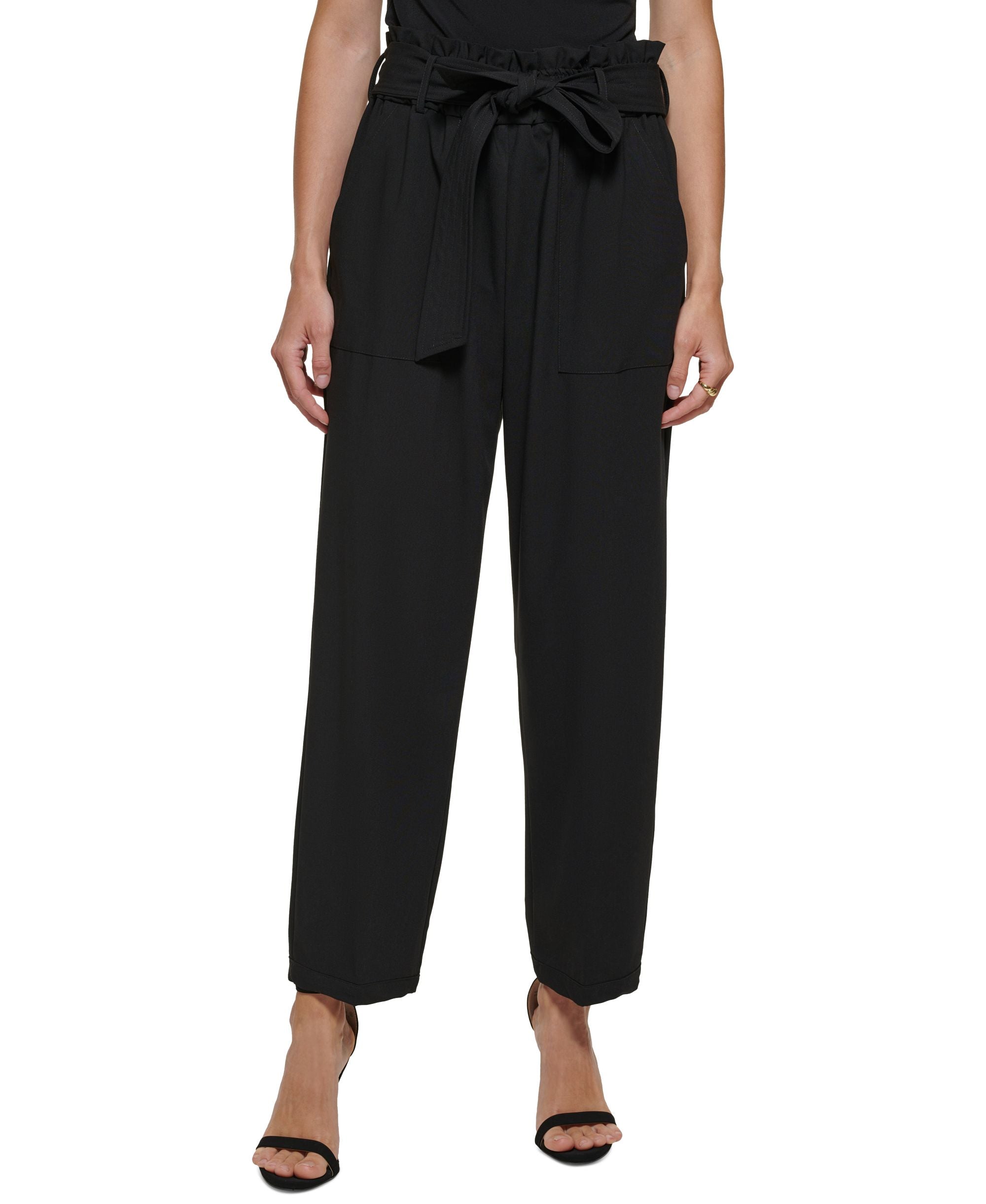 DKNY Petite Tie-Waist High-Rise Straight-Leg Pants