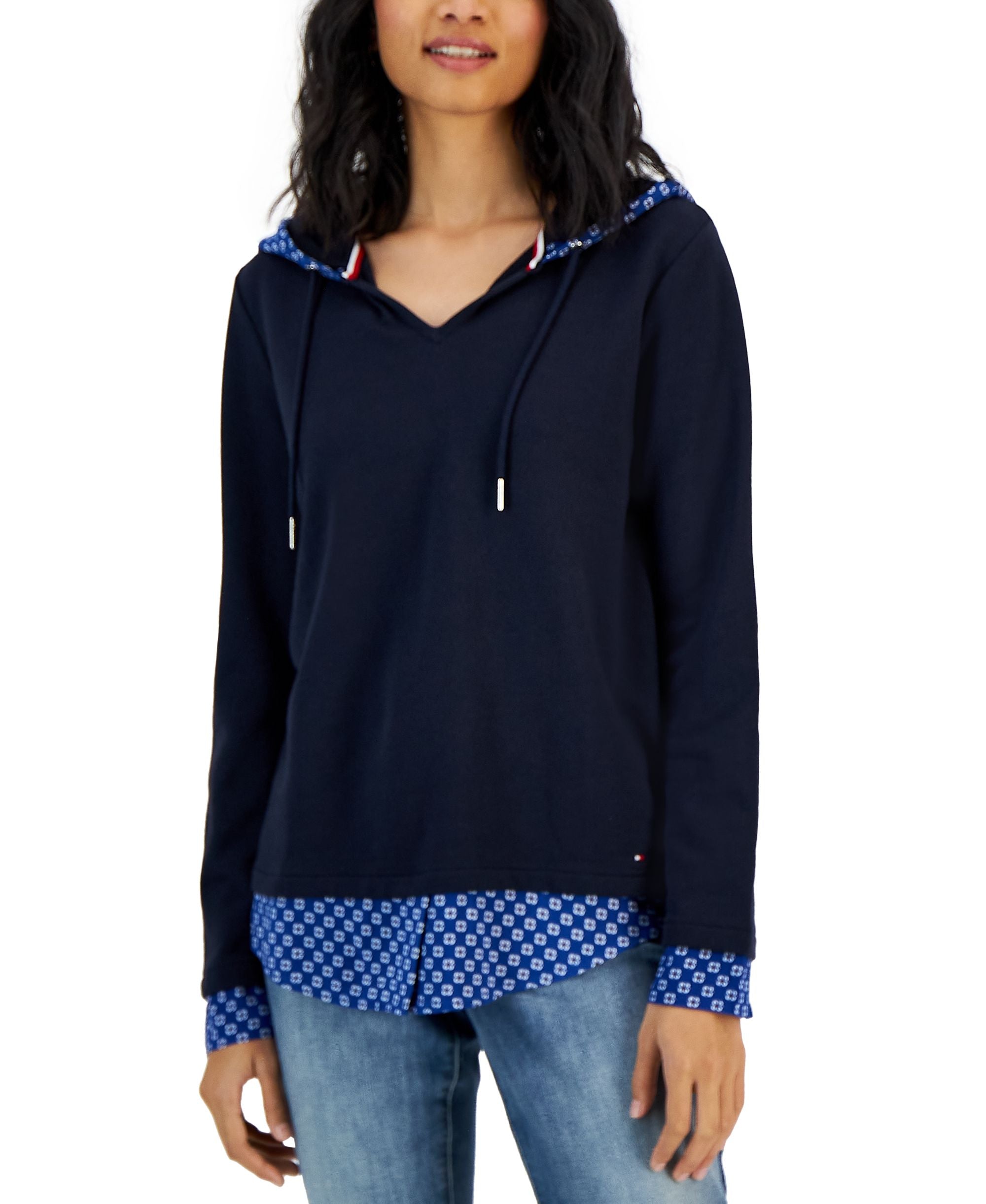 Women's Layered-Look French Terry Hoodie Top