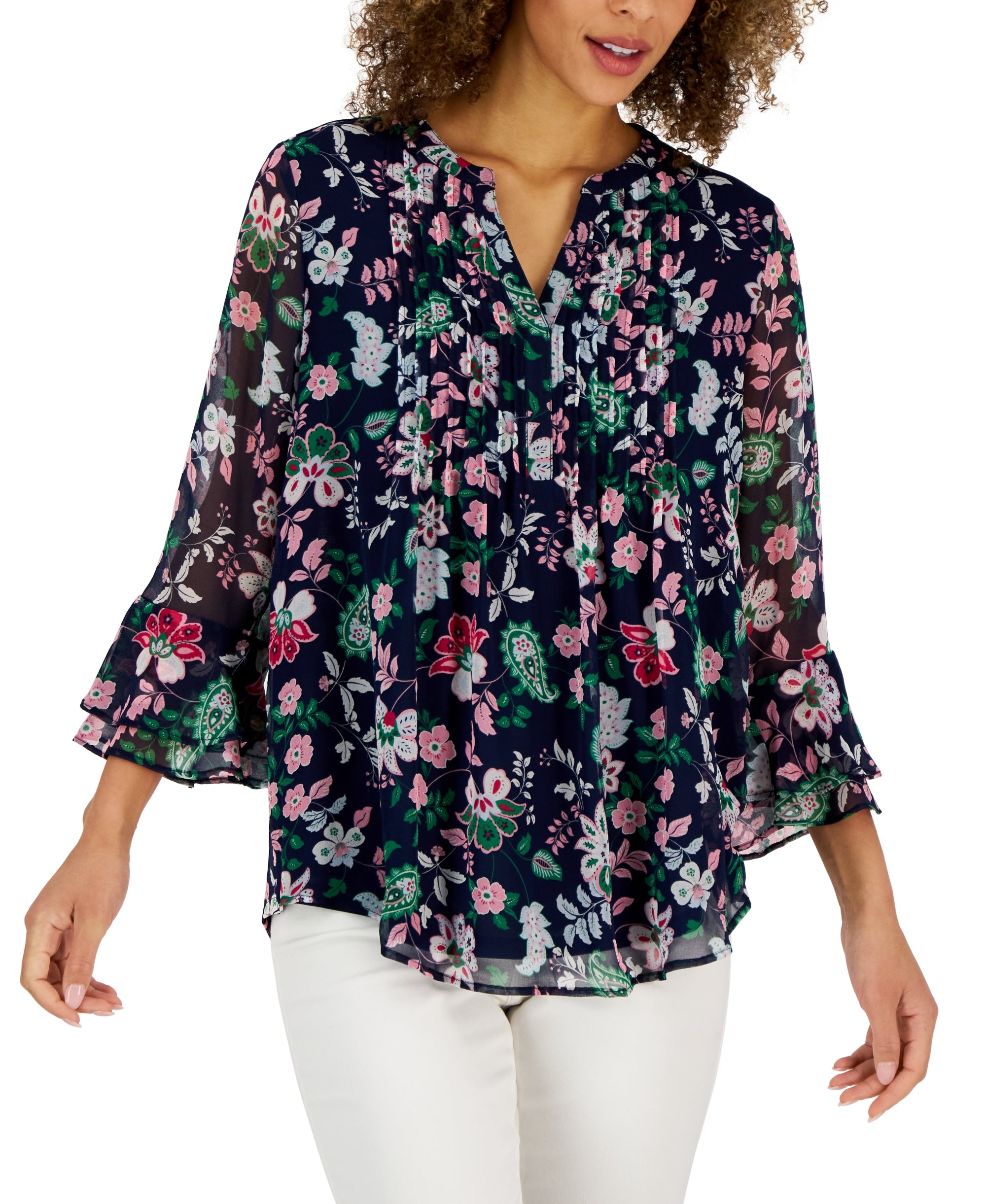 Petite Pleated Paisely Pintuck Top