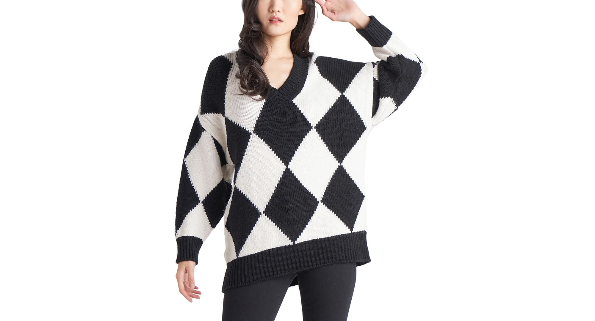 Petite Diamond-Print Drop-Shoulder Sweater