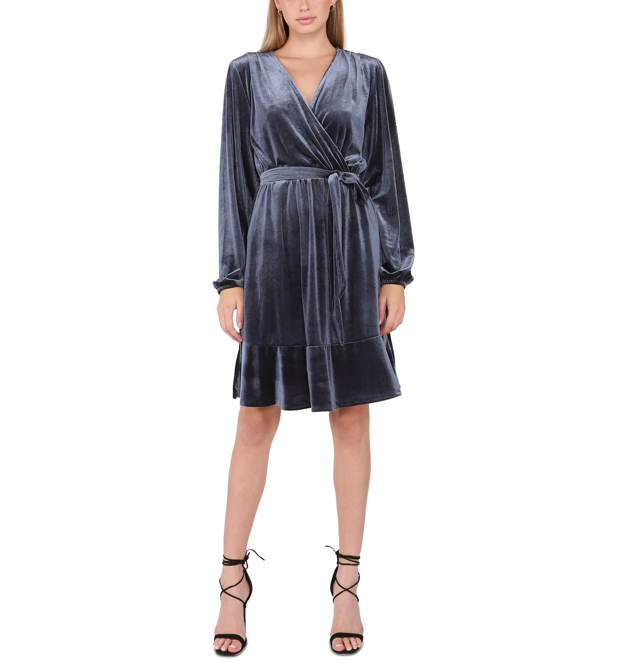 Petite Ruffled-Hem Faux-Wrap Velvet Dress