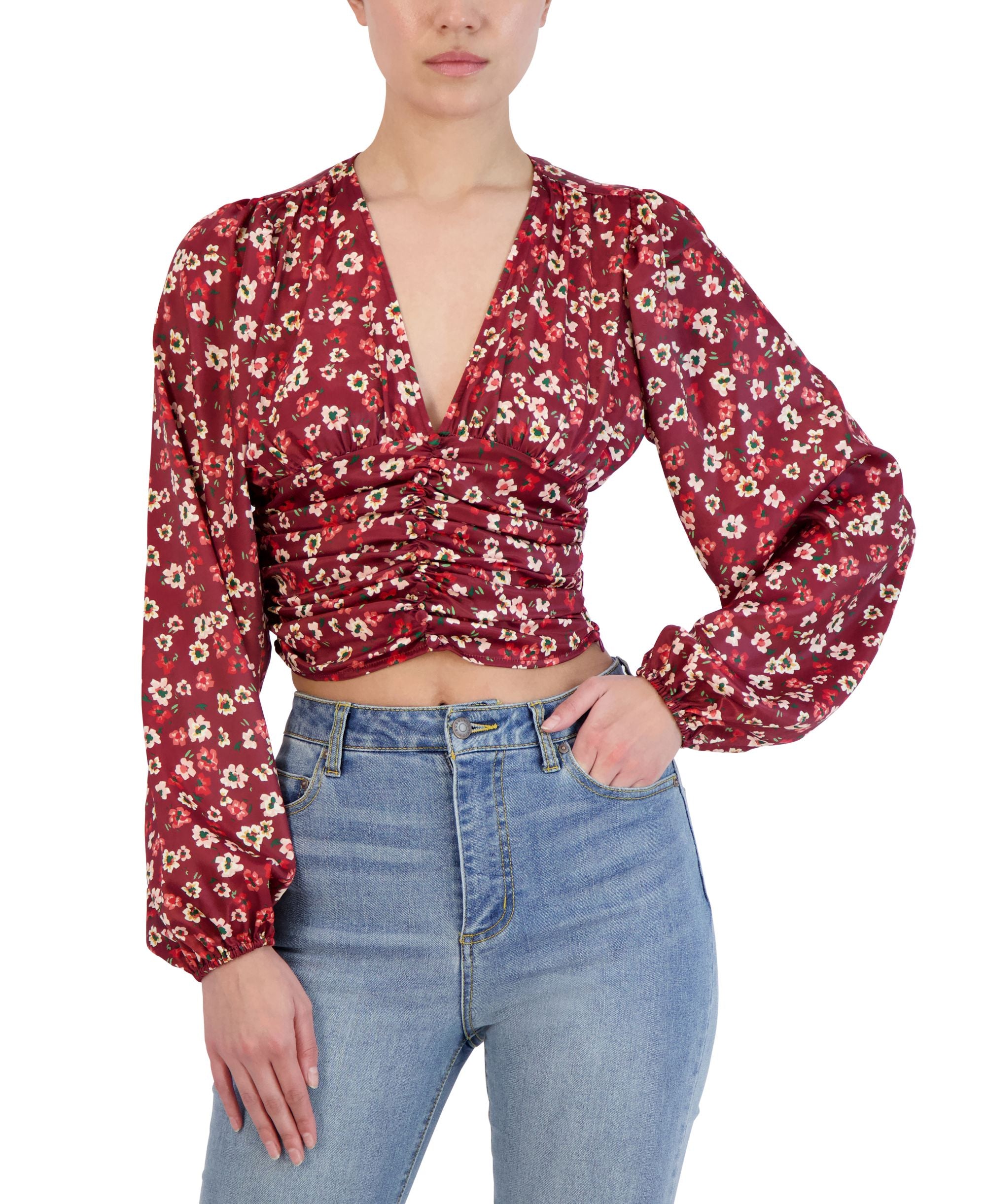 Women's Cropped Floral Shirred Top
