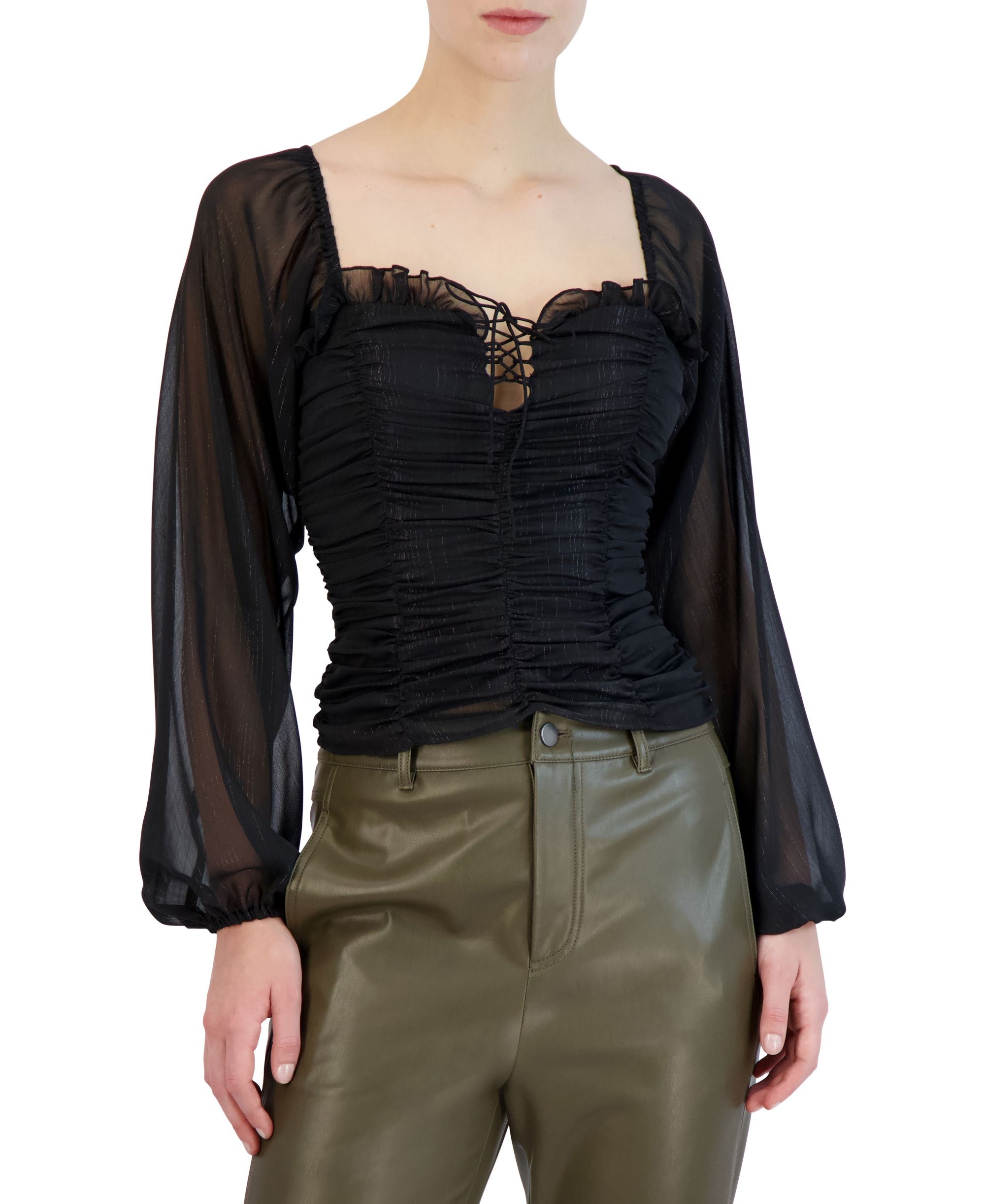 Women's Shirred Sheer-Sleeve Top
