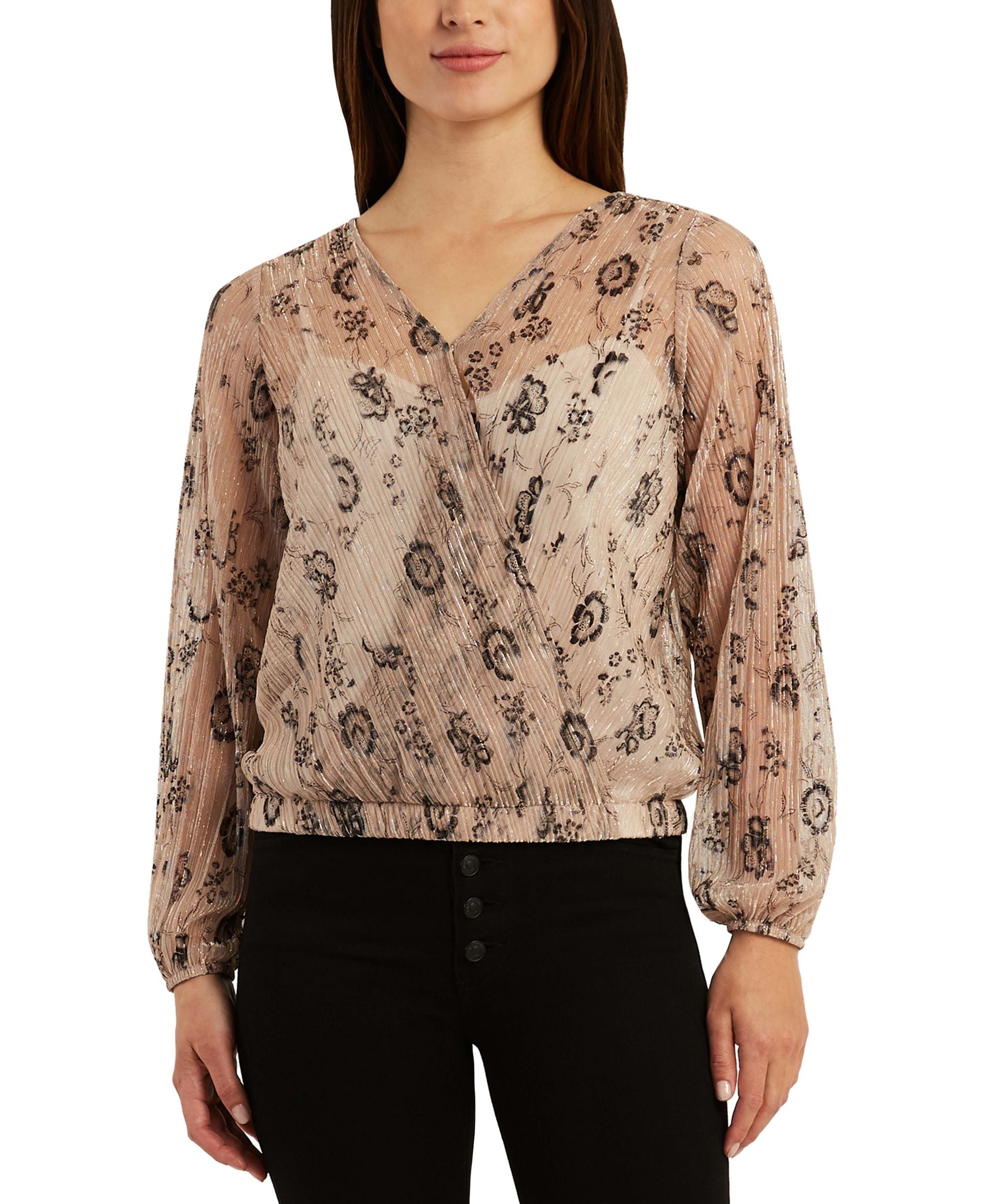 Juniors' Surplice-Neck Pliss� Metallic-Threaded Top