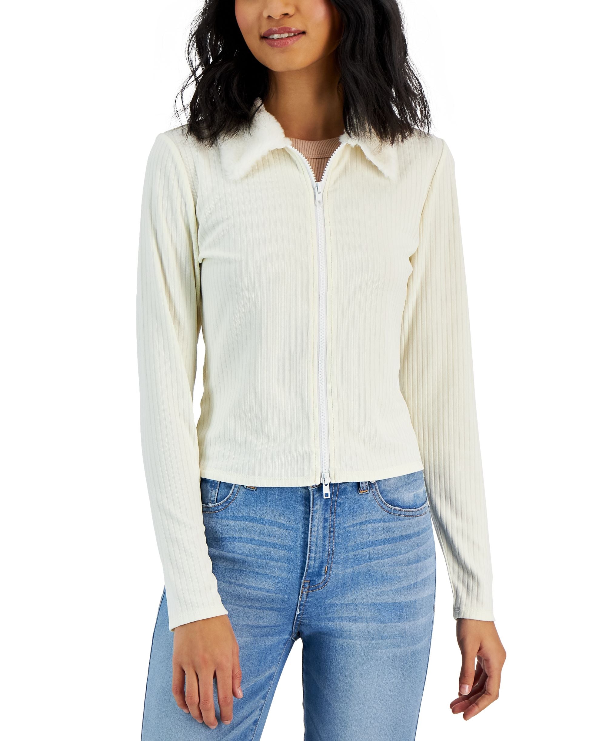 Juniors' Faux-Fur Collar Zip-Front Top