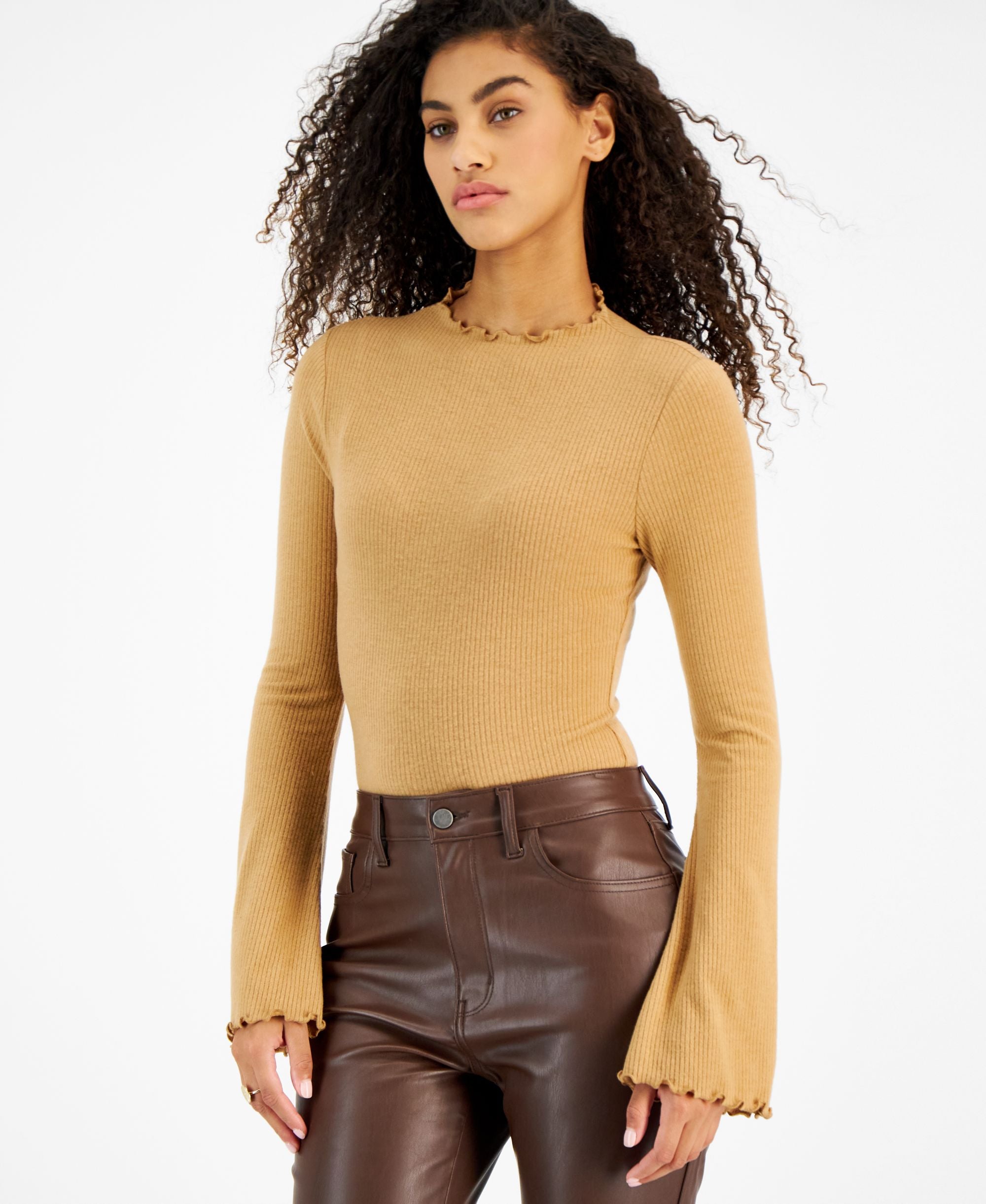 Juniors' Long Bell-Sleeve Ribbed Bodysuit