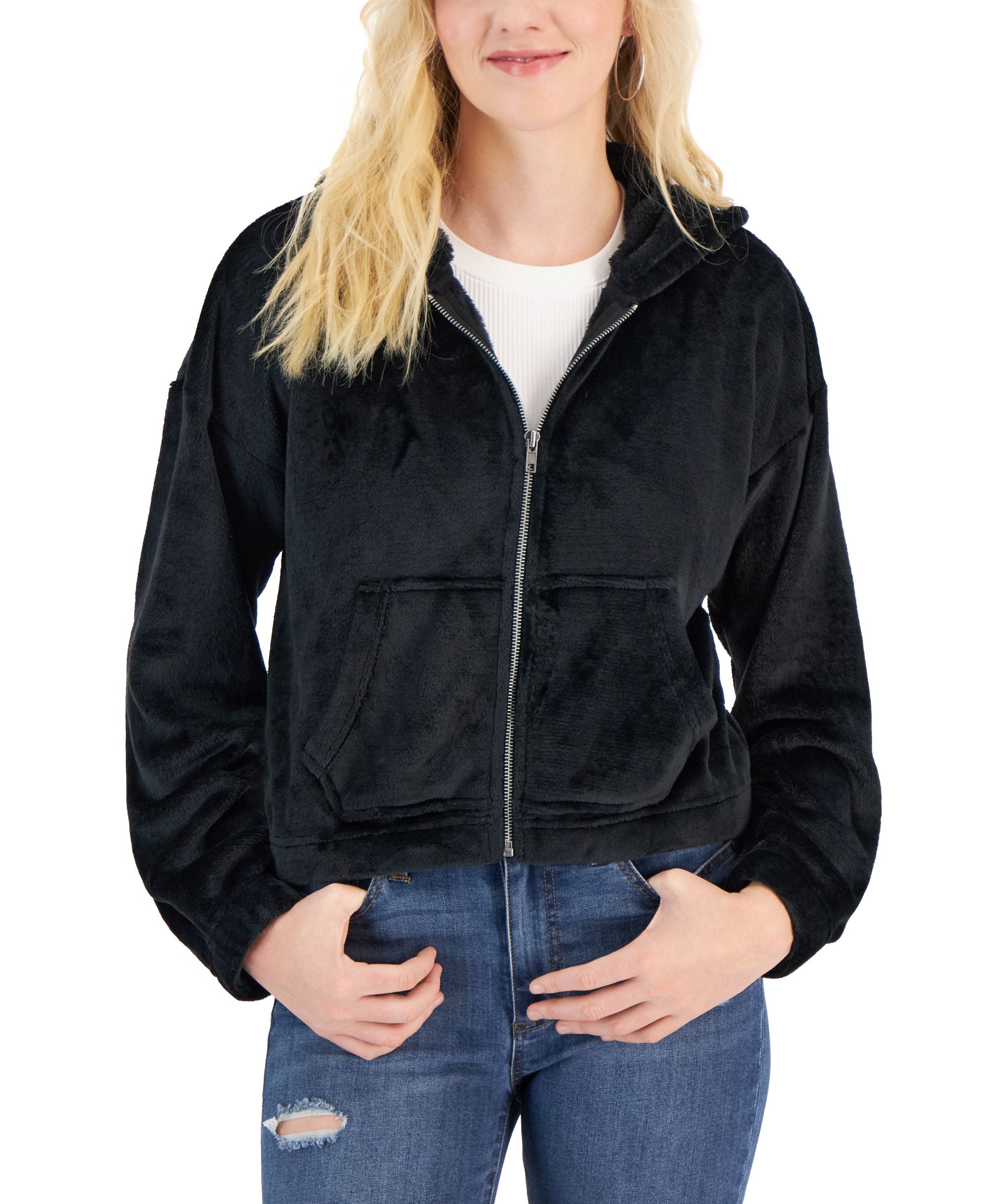 Juniors' Faux-Fur Zip-Front Hoodie