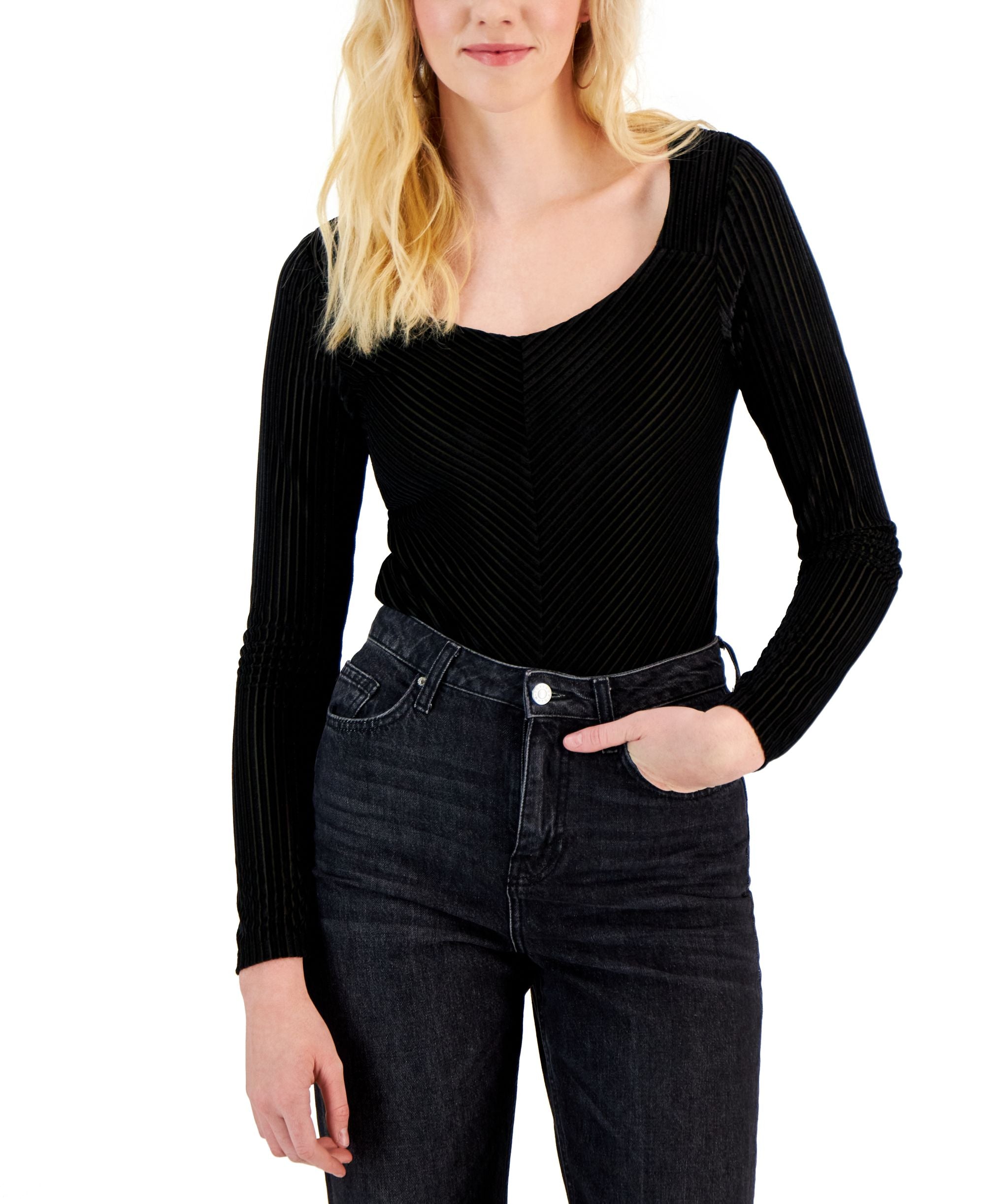 Juniors' Striped Burnout Long-Sleeve Bodysuit