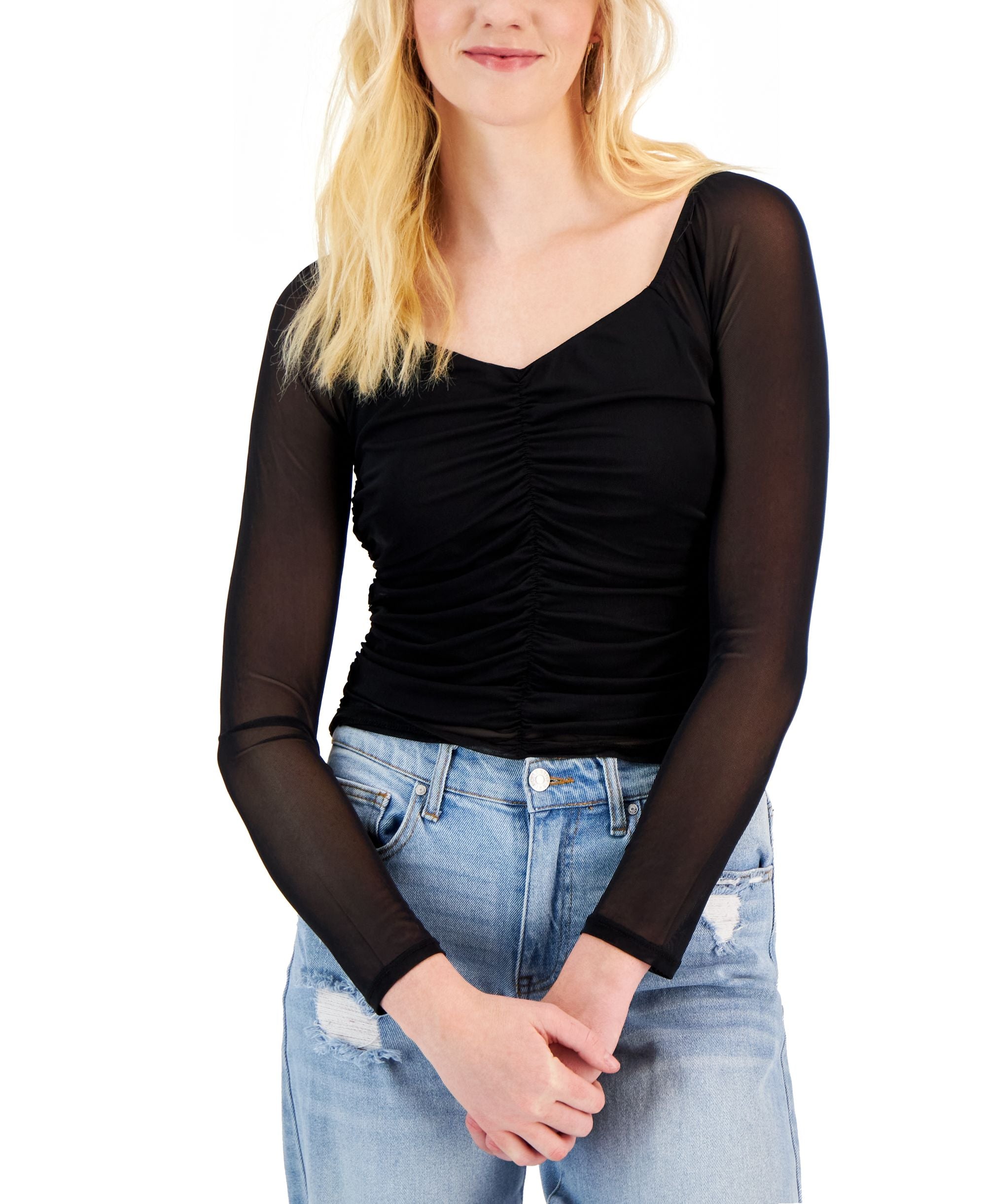 Juniors' Ruched-Front Mesh-Sleeve Top