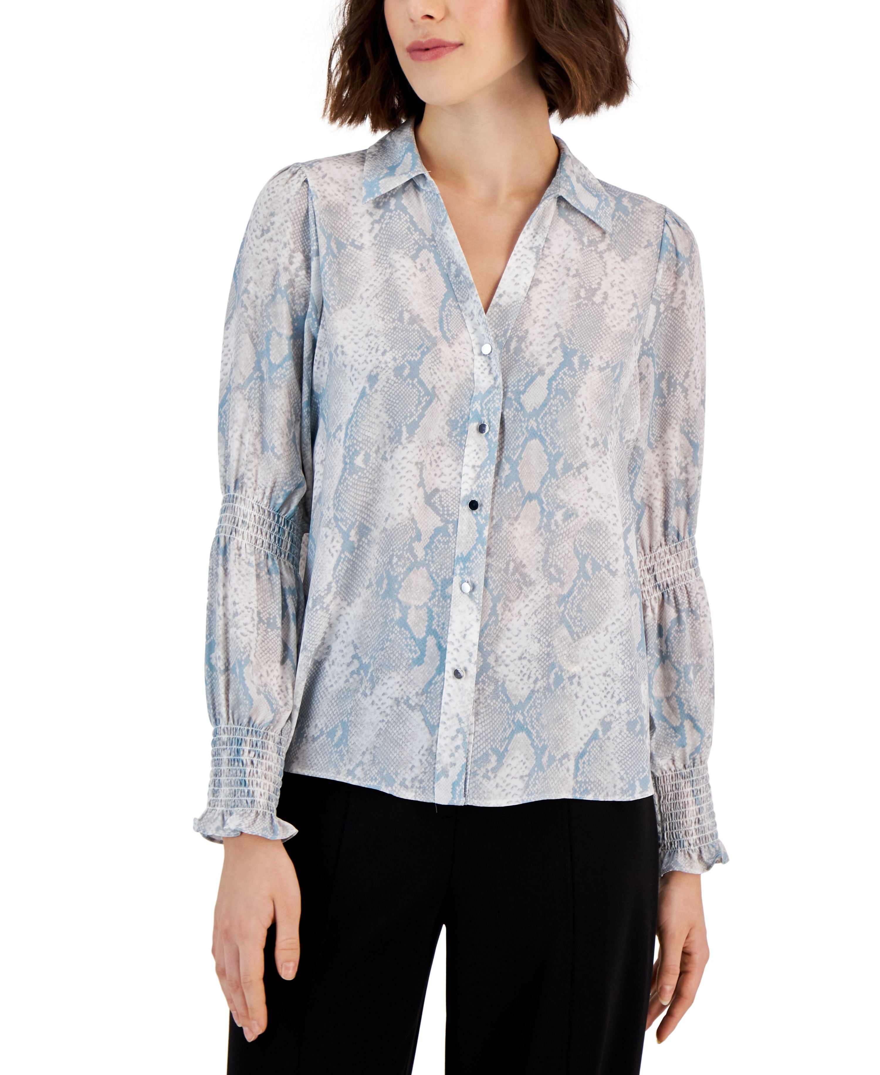 Women's Printed Smocked-Sleeve Button-Front Blouse