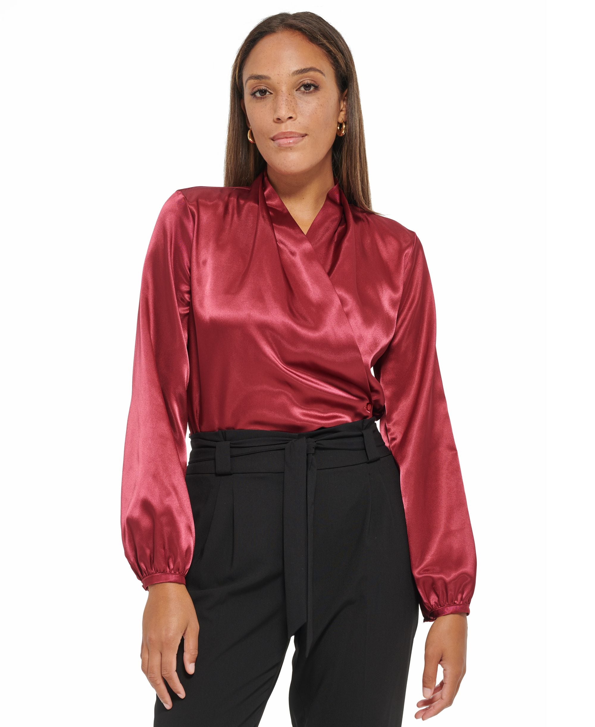 Calvin Klein Womens Long Sleeve Faux Wrap Blouse