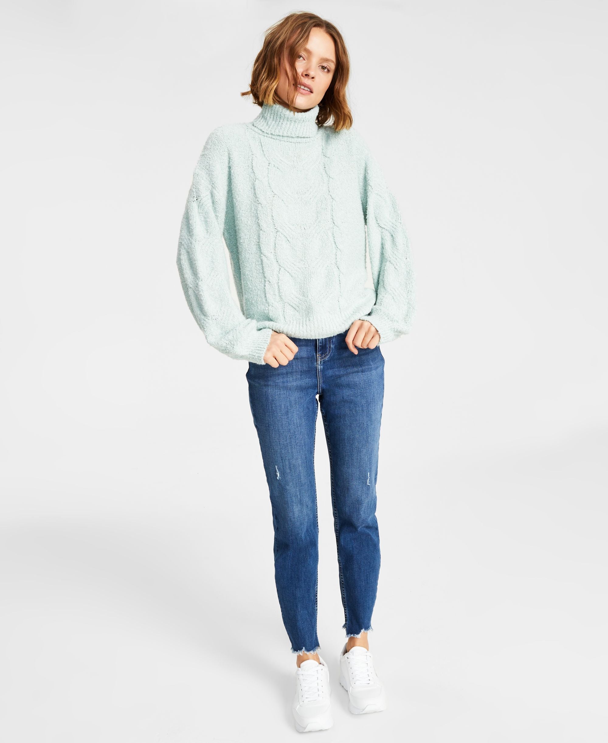 Juniors' Cable-Knit Turtleneck Sweater