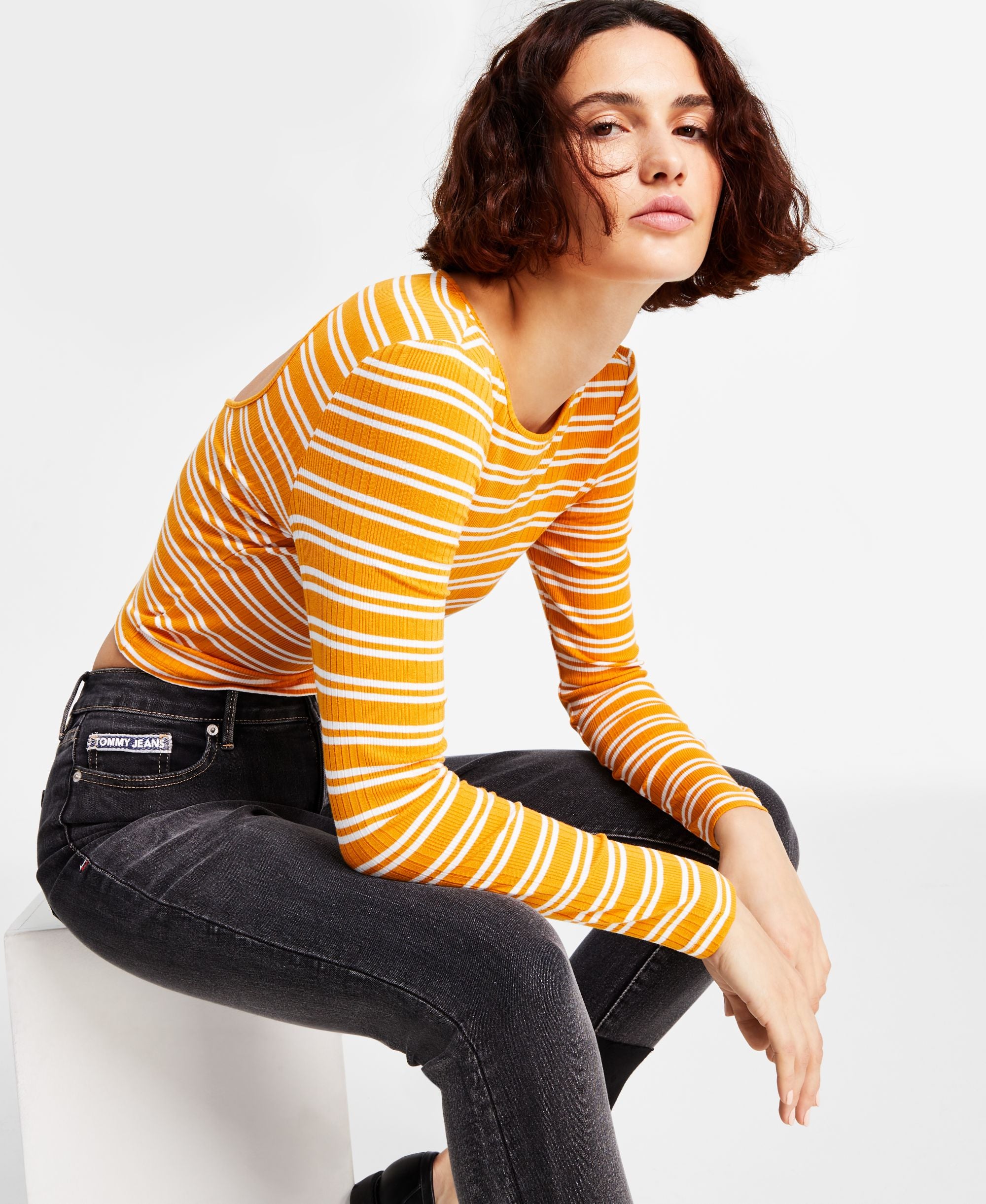 Tommy Jeans Womens Back Cutout Striped Ribbed Top