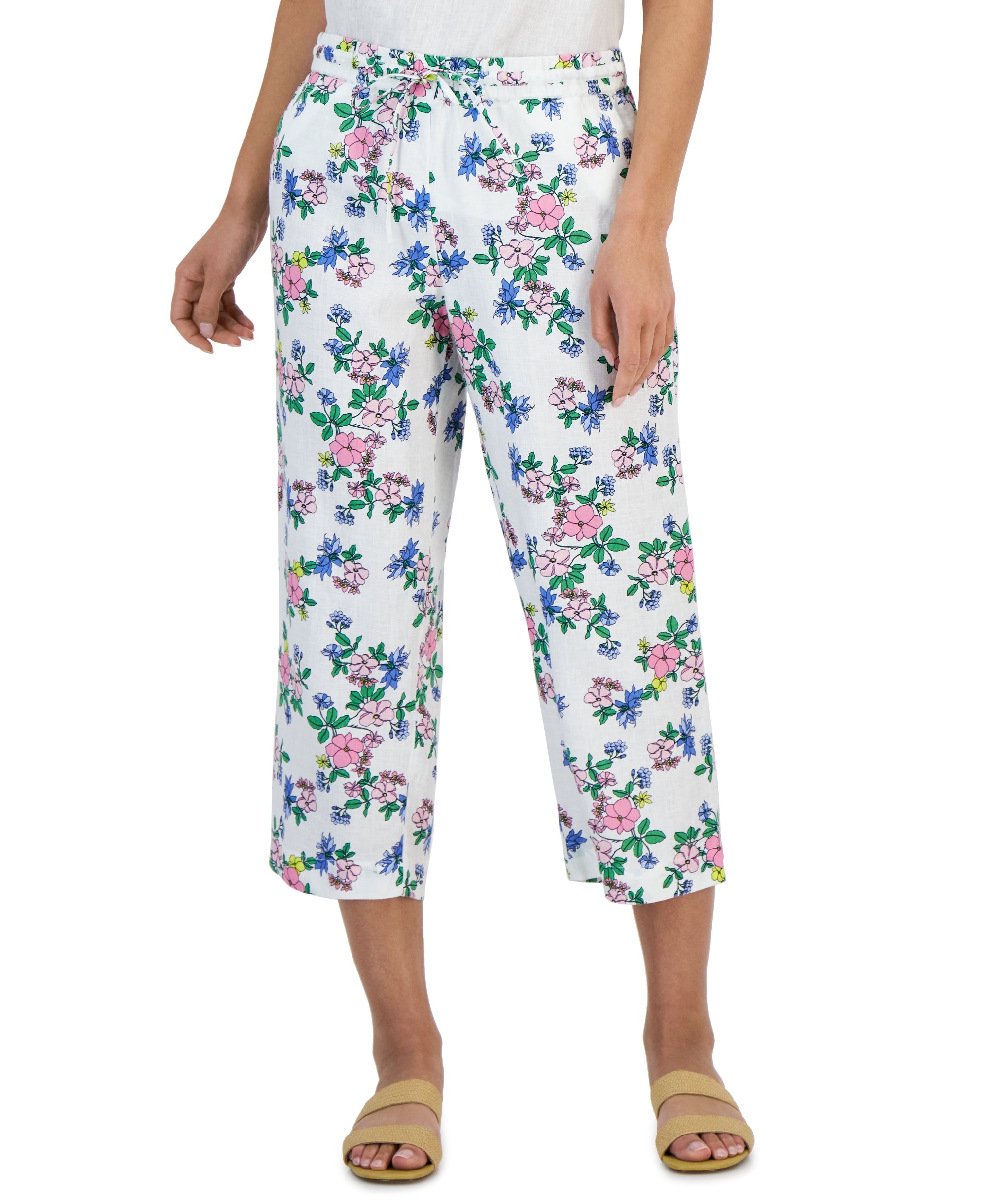Petite Linen Floral-Print Cropped Pants