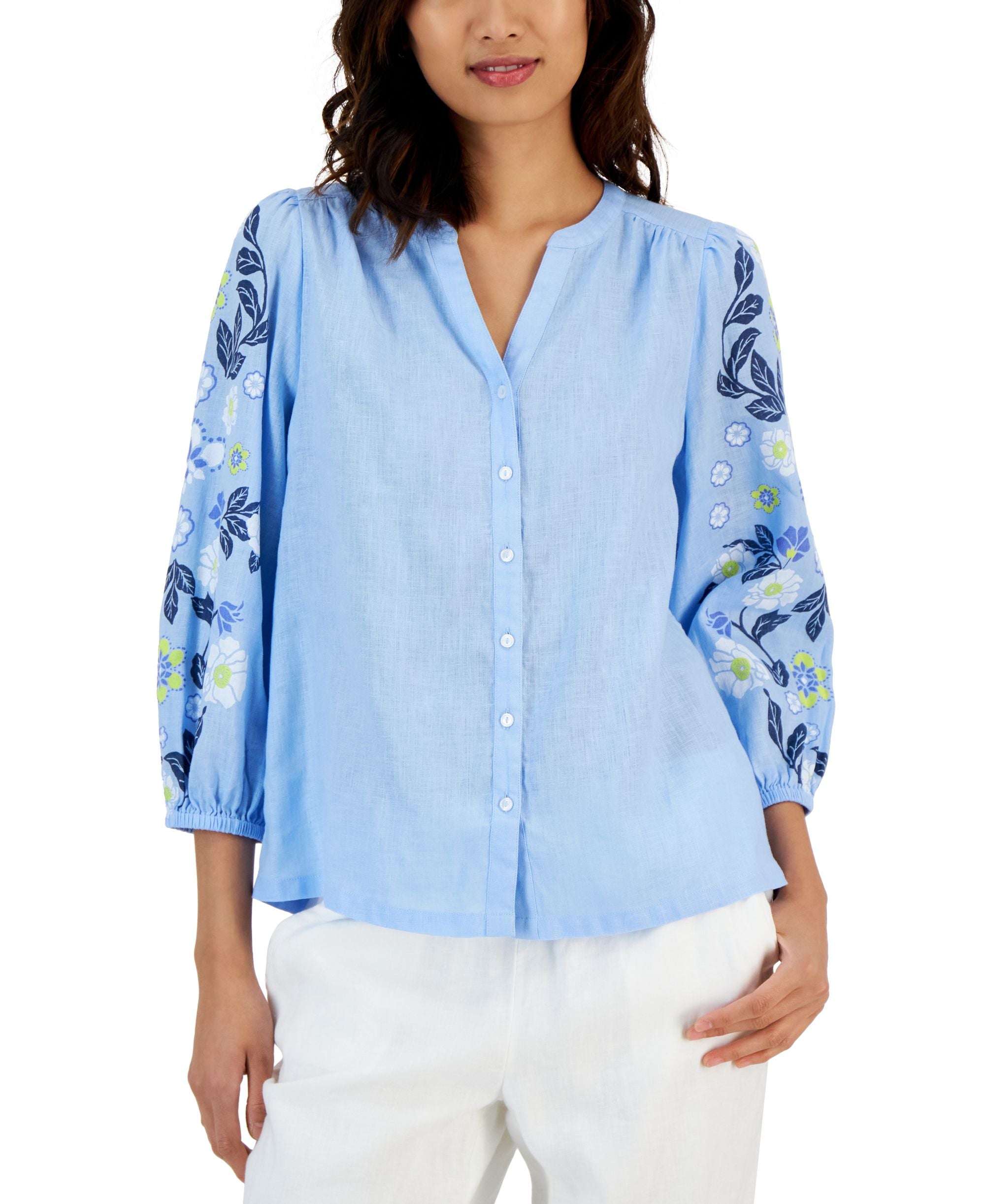 Petite Linen Printed-Sleeve Blouse