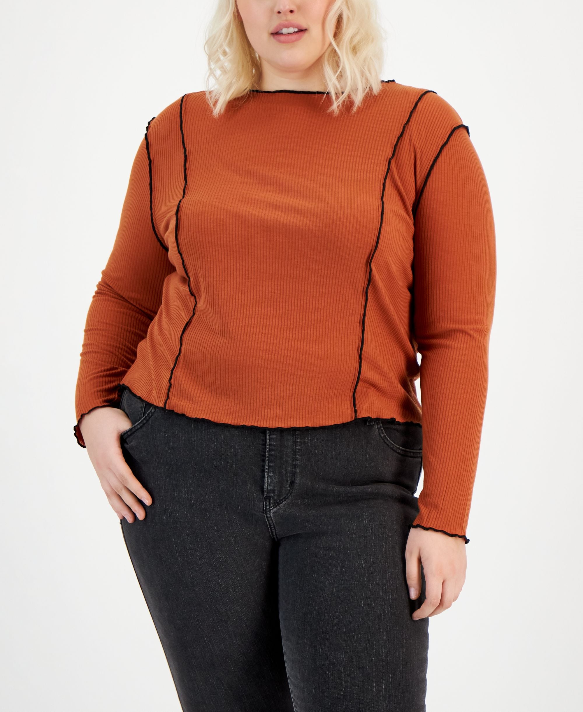 Plus Size Contrast-Stitch Long-Sleeve Knit Top